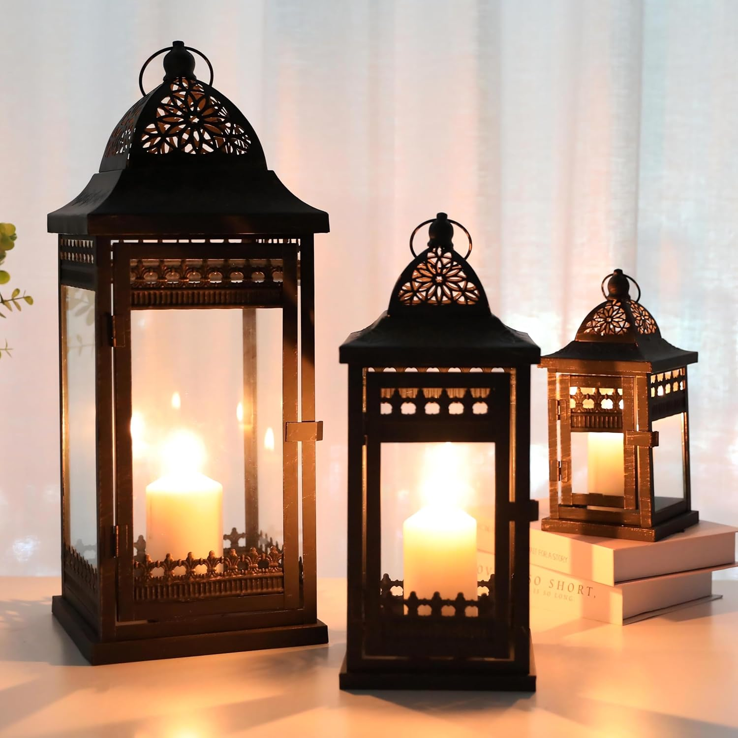 JHY DESIGN Set of 2 33&50Cm Tall Outdoor Candle Lanterns Vintage Hanging Tower Lantern Metal Candle Holder for Garden Living Room Indoor Outdoor Parties Weddings Balcony(Black)