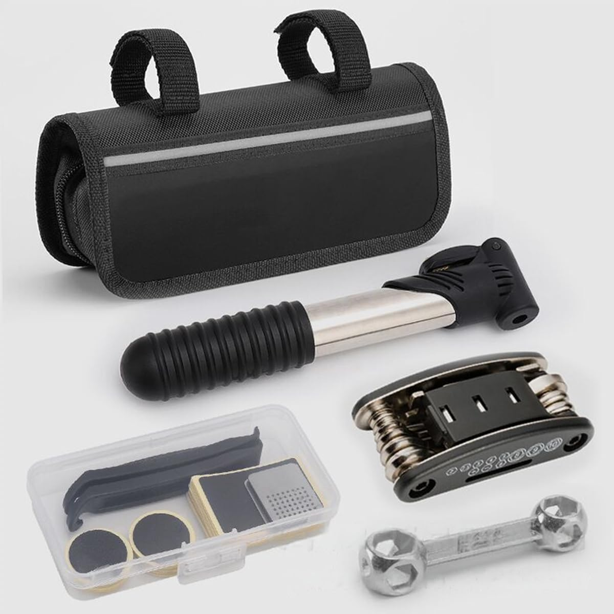 AIMALL Bicycle Repair Tool Kit with Saddle Bag, Portable Multifunctional Wrench Set, Mini Air Pump, Reflective Strip for Road & Mountain Bike Maintenance image number 6