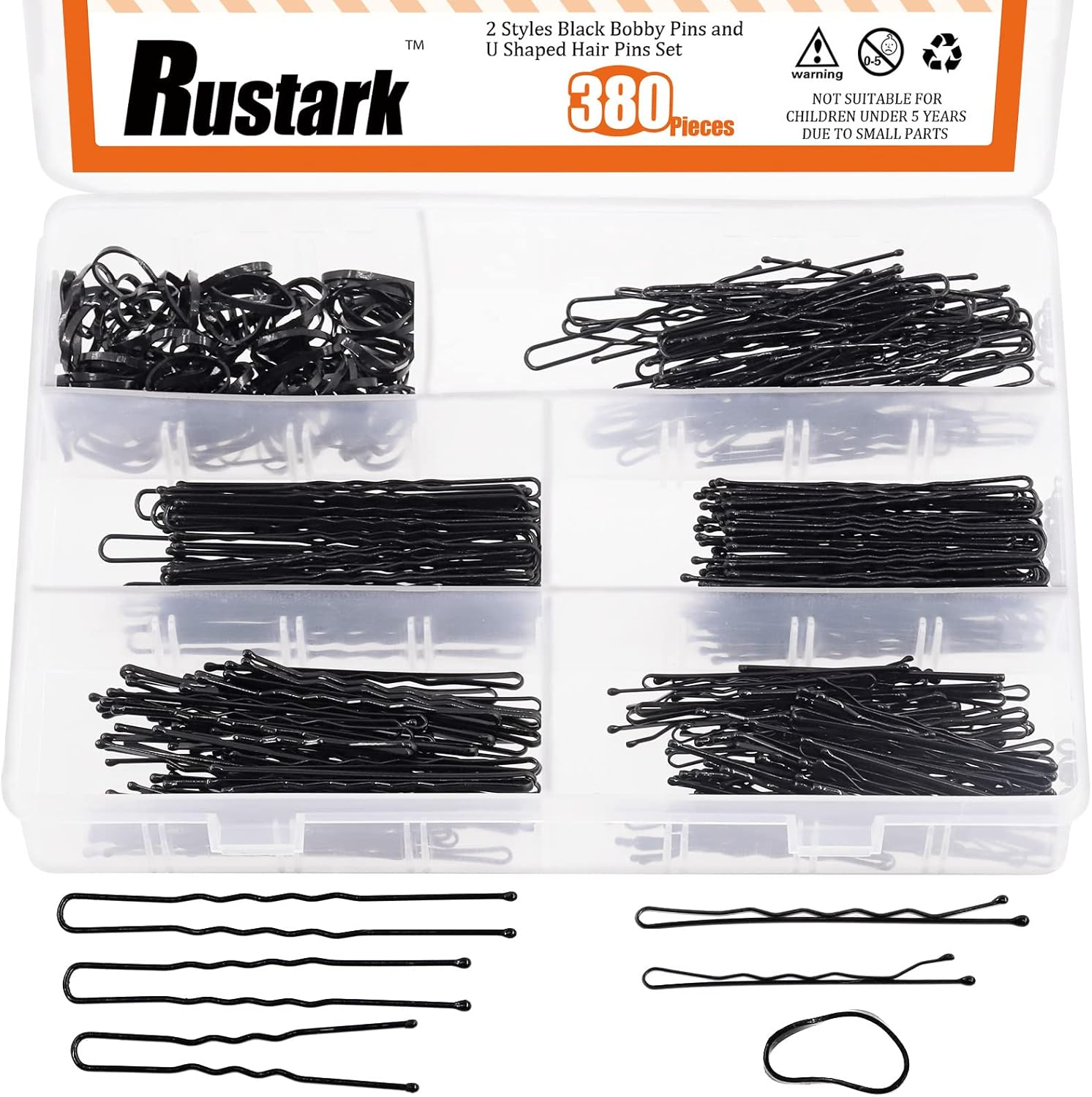 Rustark 420Pcs 2 Styles Hair Pins Kit with Storage Box, Includes Black Bronze Gold Silver Bobby Pins Buns U Shaped Hair Pins and Rubber Hair Bands for Women Girls Kids for All Hair Types
