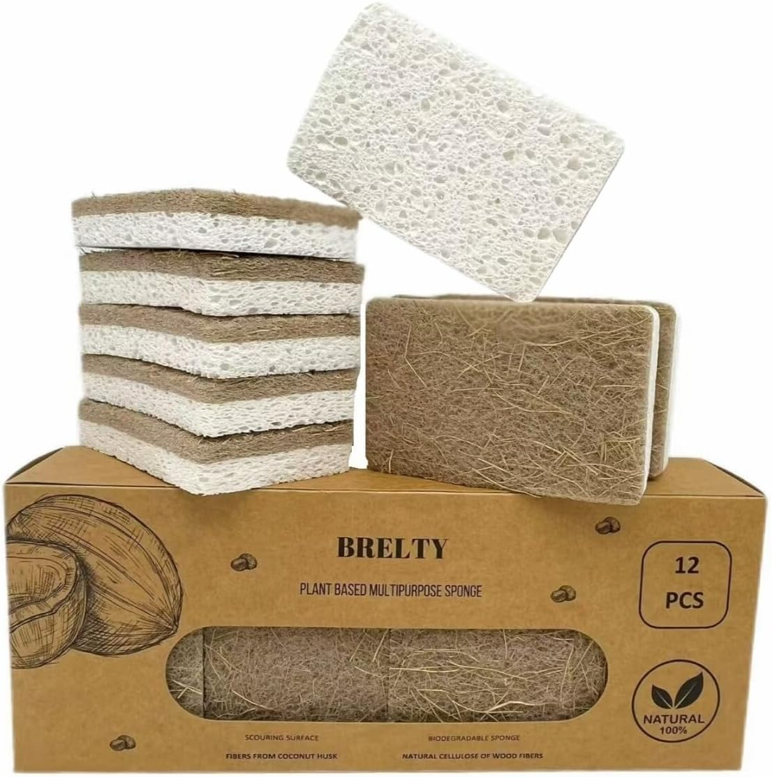 12 Pack Natural Kitchen Sponge - 12 Pcs Plant Based Sponge - Biodegradable Compostable Cellulose and Coconut Scrubber - Pack of 12 Eco Friendly Sponges for Dishes, Kitchen, Bathroom, Household -BRELTY image number 1