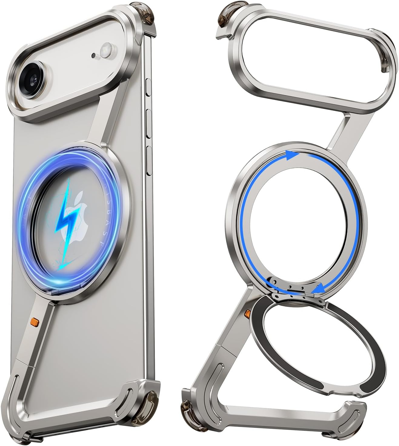 NIFBANG Z Shape for Iphone Air, Frameless Case, with 360&deg; Rotating Magnetic Stand, Mobile Phone Case, Thin Aluminium Military Shockproof Protective Case for Iphone 17 Air Bumper Case (Silver) image number 2
