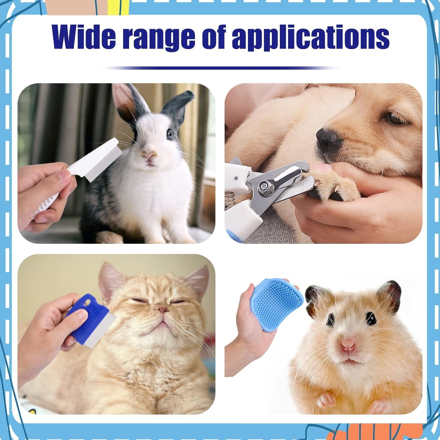 6-Piece Small Animal Grooming Set with Hair Remover, Nail Clipper, Flea Comb, Shampoo Brush for Rabbit, Hamster, Guinea Pig (Blue, One Size)
