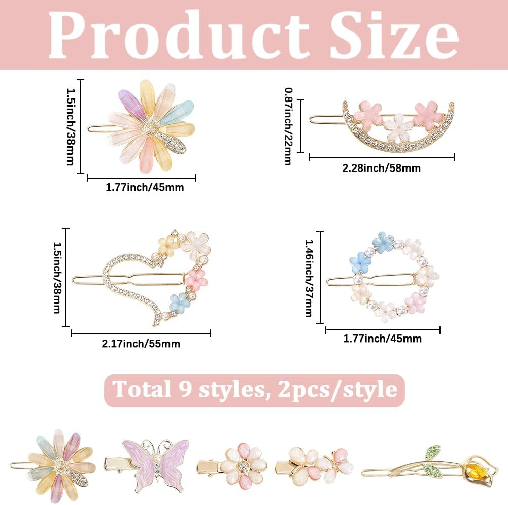 SUNNYCLUE 18Pcs Heart Shaped Hair Barrettes Rhinestone Alligator Hair Clips Colorful Resin Butterfly Flower Aesthetic Alloy Decorative Bobby Hairpins Accessories for Short Long Hairstyle DIY Decor image number 1