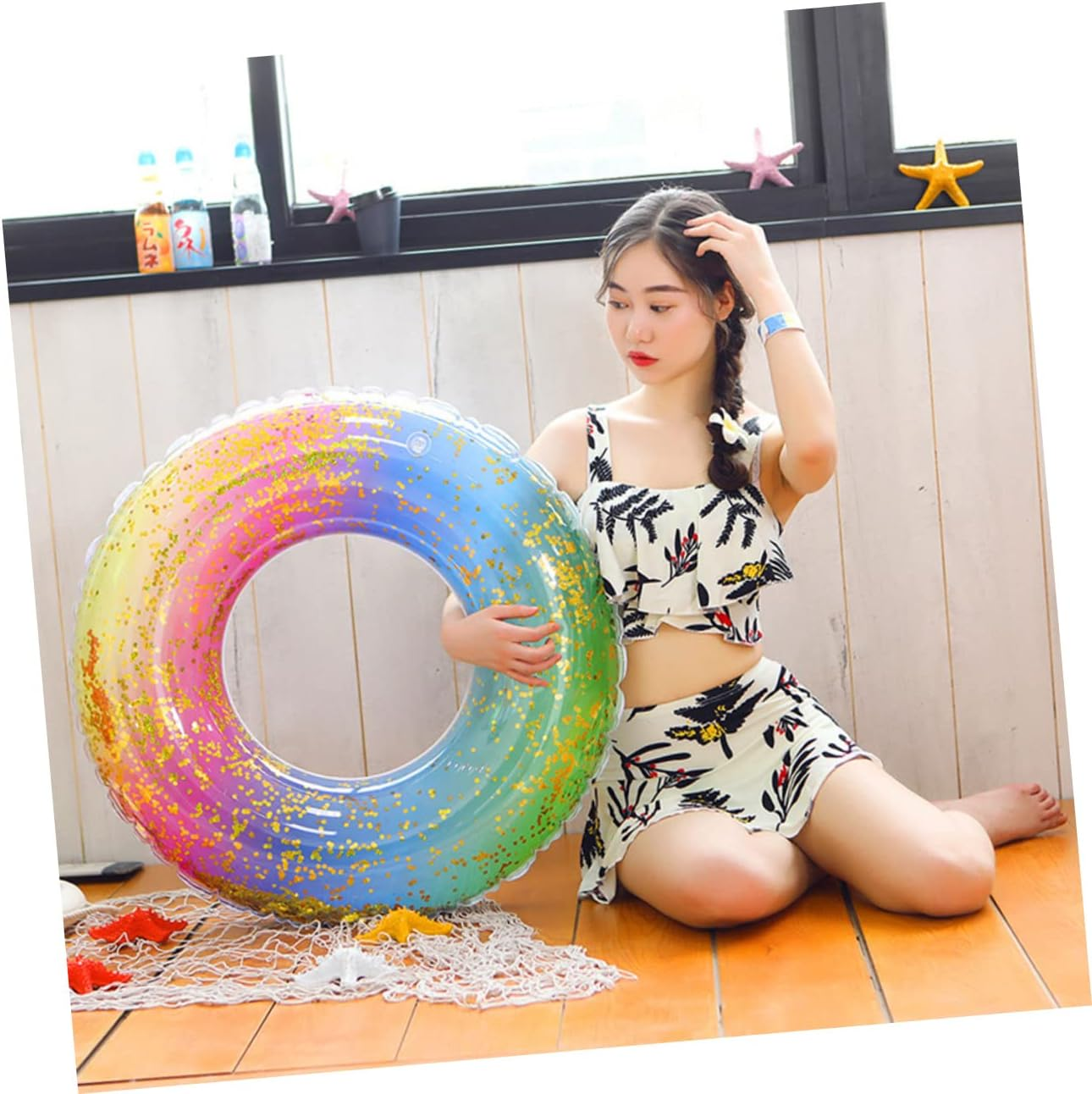 ERINGOGO Swimming Ring Adult Rainbow Inflatable Ring Sequins Translucent Gradient for Pool and Beach image number 4