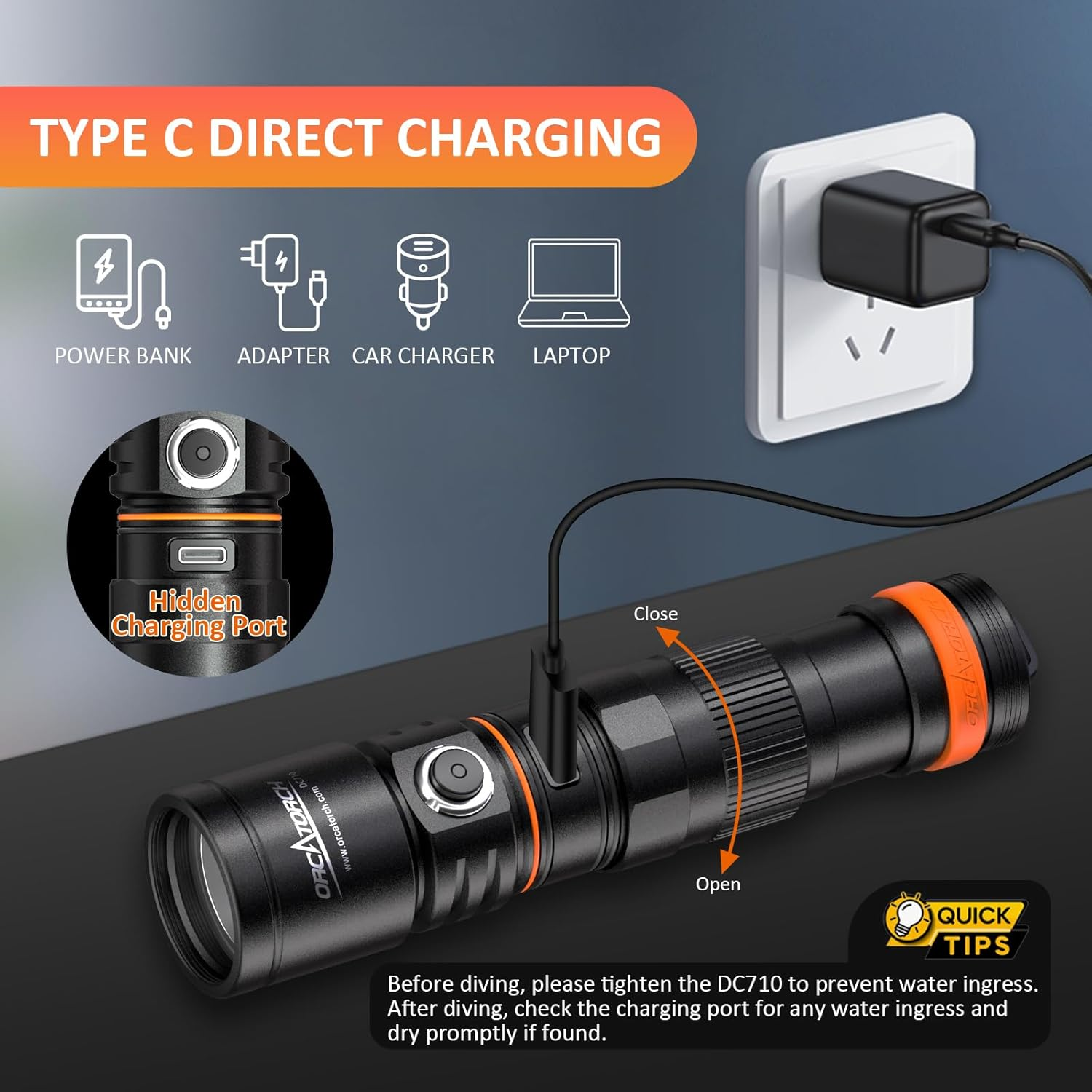 ORCATORCH DC710 Scuba Dive Light Type C Rechargeable, 3000 Lumens Super Bright Underwater Flashlight, IP68 Waterproof Submersible Torch with WS02 Wrist Strap Mount for Hands-Free Diving image number 4