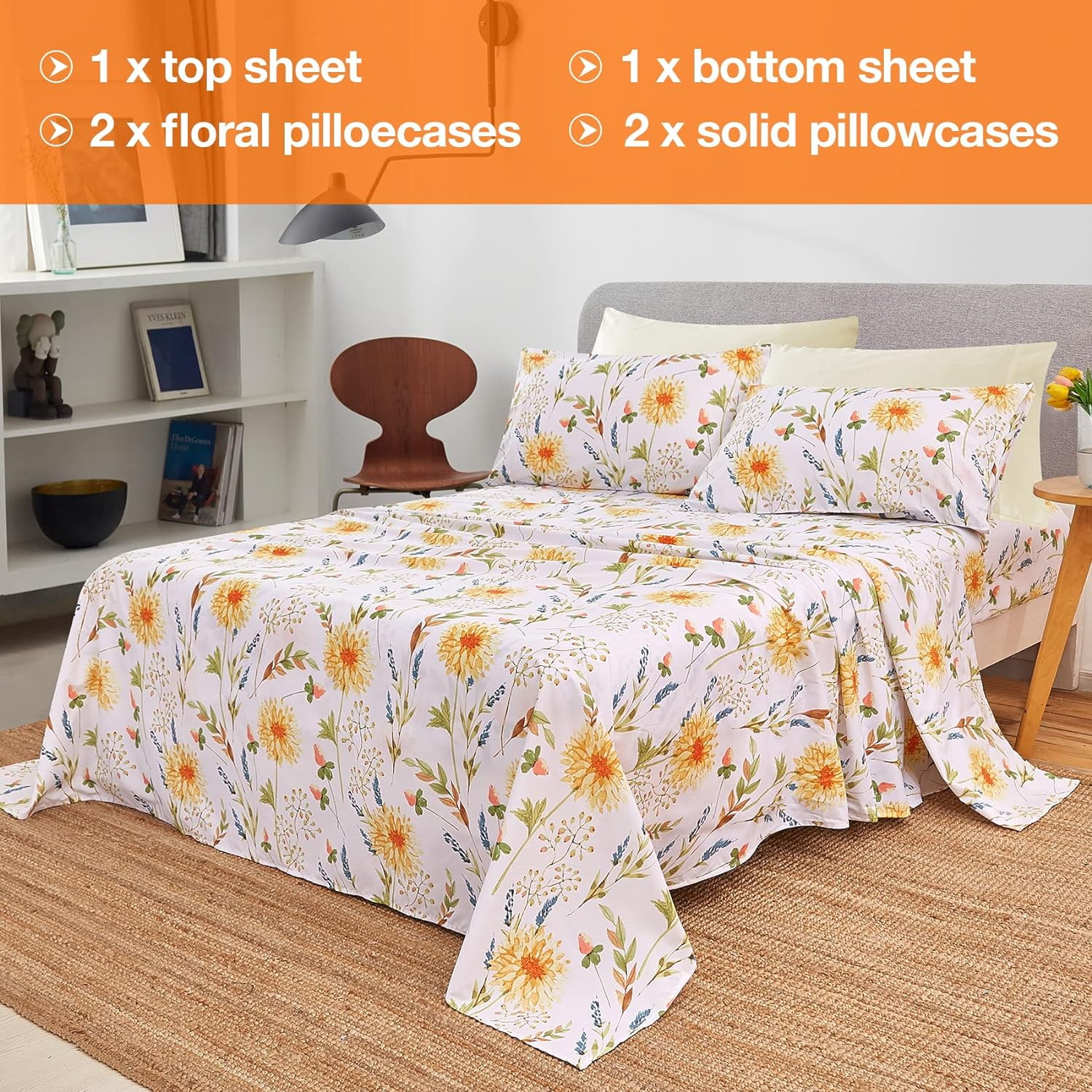 JSD 6 Piece Yellow Floral Print Sheet Set Queen Size, Soft Botanical Microfiber Sheets and Pillowcases Deep Pocket image number 6