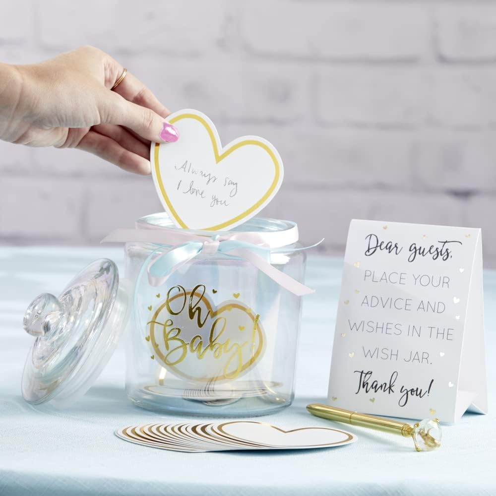 Kate Aspen Iridescent Baby Shower Decorations, Wishes for the Baby Jar with 50 Heart Shaped Advice Cards Guest Book, Iridescent Decor, Oh Baby image number 6