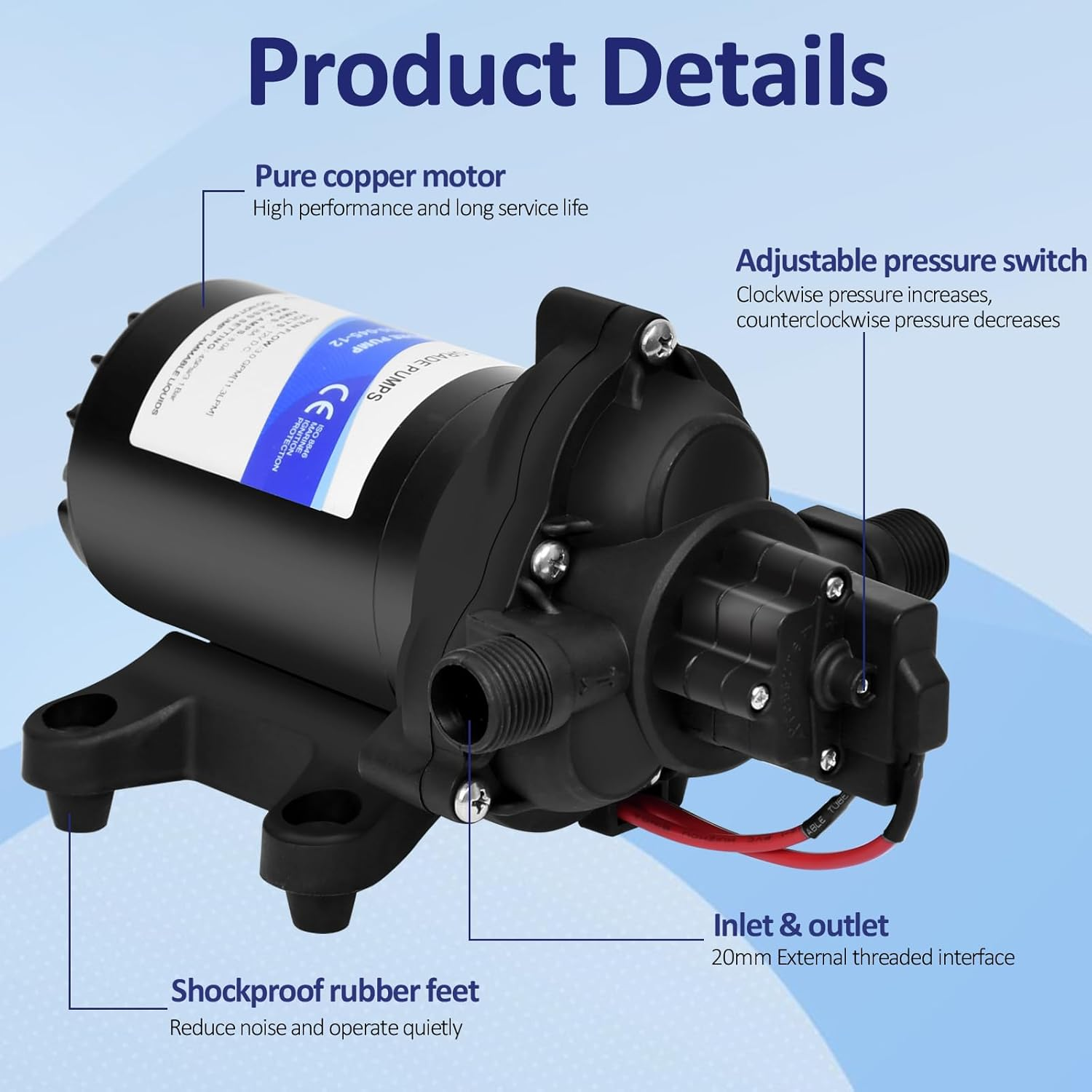 RV Fresh Water Pump,3.0Gpm 45 PSI Self-Priming Water Pressure Pump,12V Diaphragm Pump with Adjustable Pressure Switch for Yacht,Camper,Marine,Sprinklers,Faucets image number 1