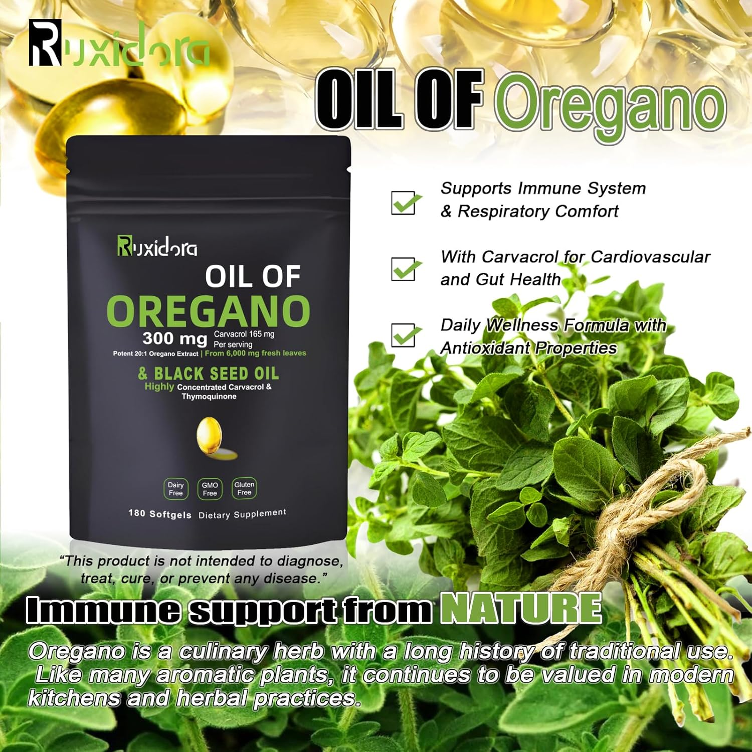 Oregano Oil & Black Seed Oil Softgels,180 Capsules | Cold-Pressed | Non-Gmo,Gluten-Free, Vegan image number 5