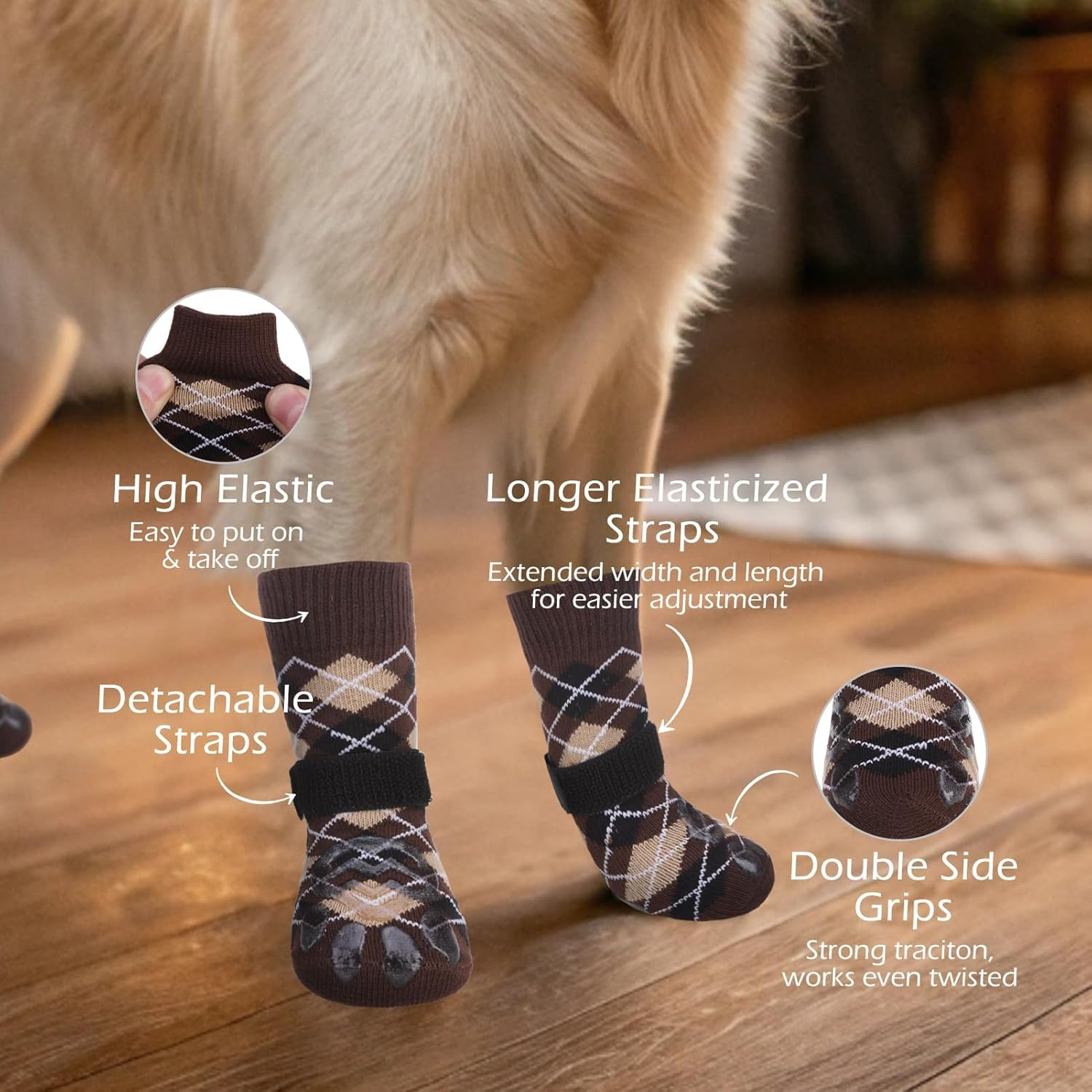 EXPAWLORER Dog Socks to Prevent Licking Paws,4 Pcs Double Sided anti Slip Dog Socks with Grippers for Hardwood Floors,Dog Shoes Booties for Small Medium Large Senior Dogs,British Style,Brown XL image number 5