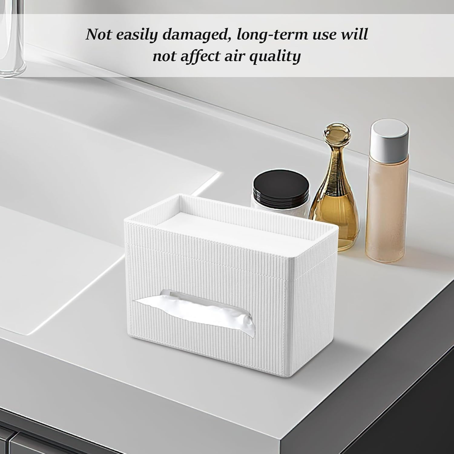 Tissue Box Cover, Rectangular Tissue Box Holder with Storage Tray, PU Leather Facial Paper Organizer, Stylish Napkin Dispenser for Desk Countertop Office Bathroom (White) - White image number 6