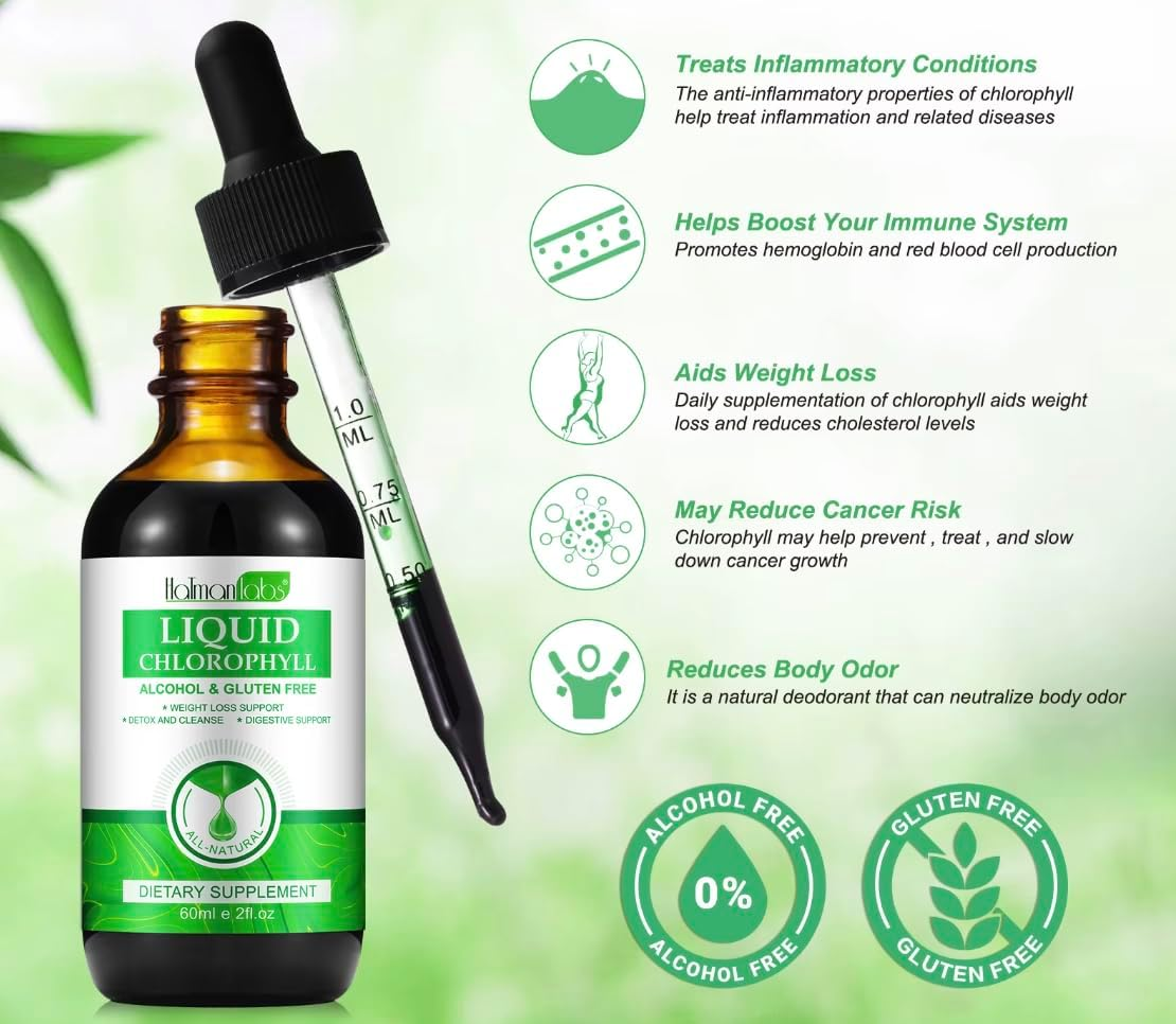 Liquid Chlorophyll Drops - 100% Support Natural Detox & Cleanse - Supports, Energy & Immunity - Internal Deodorant & Antioxidant - Highly Absorbable Vegan Formula - 60Ml