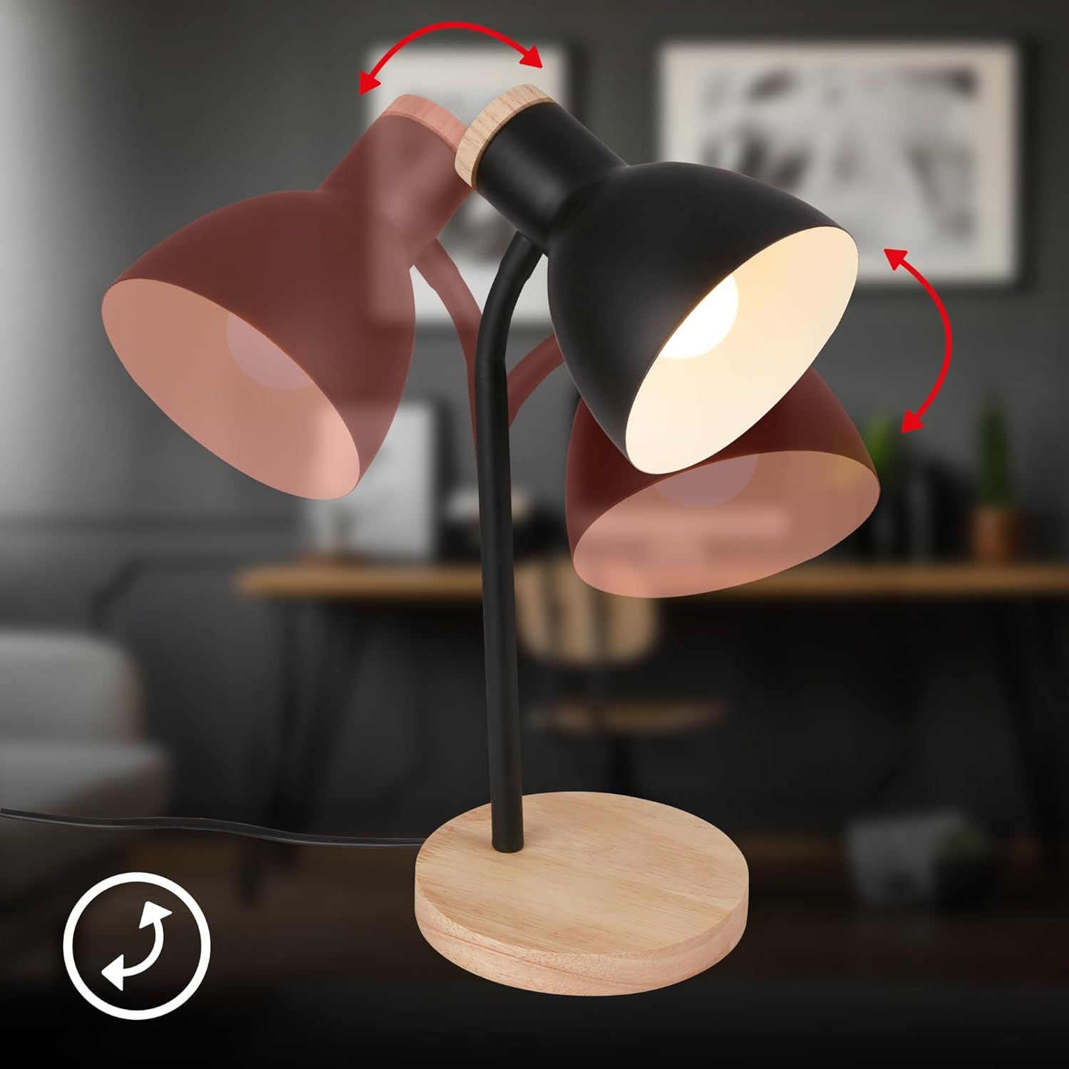 BRILONER - Bedside Lamp with Cable Switch, Rotatable, E14, Max. 10W, Table Lamp, Desk Lamp, Desk Lamp, Reading Lamp, Reading Lamp, 14 X 38 Cm, Black Wood