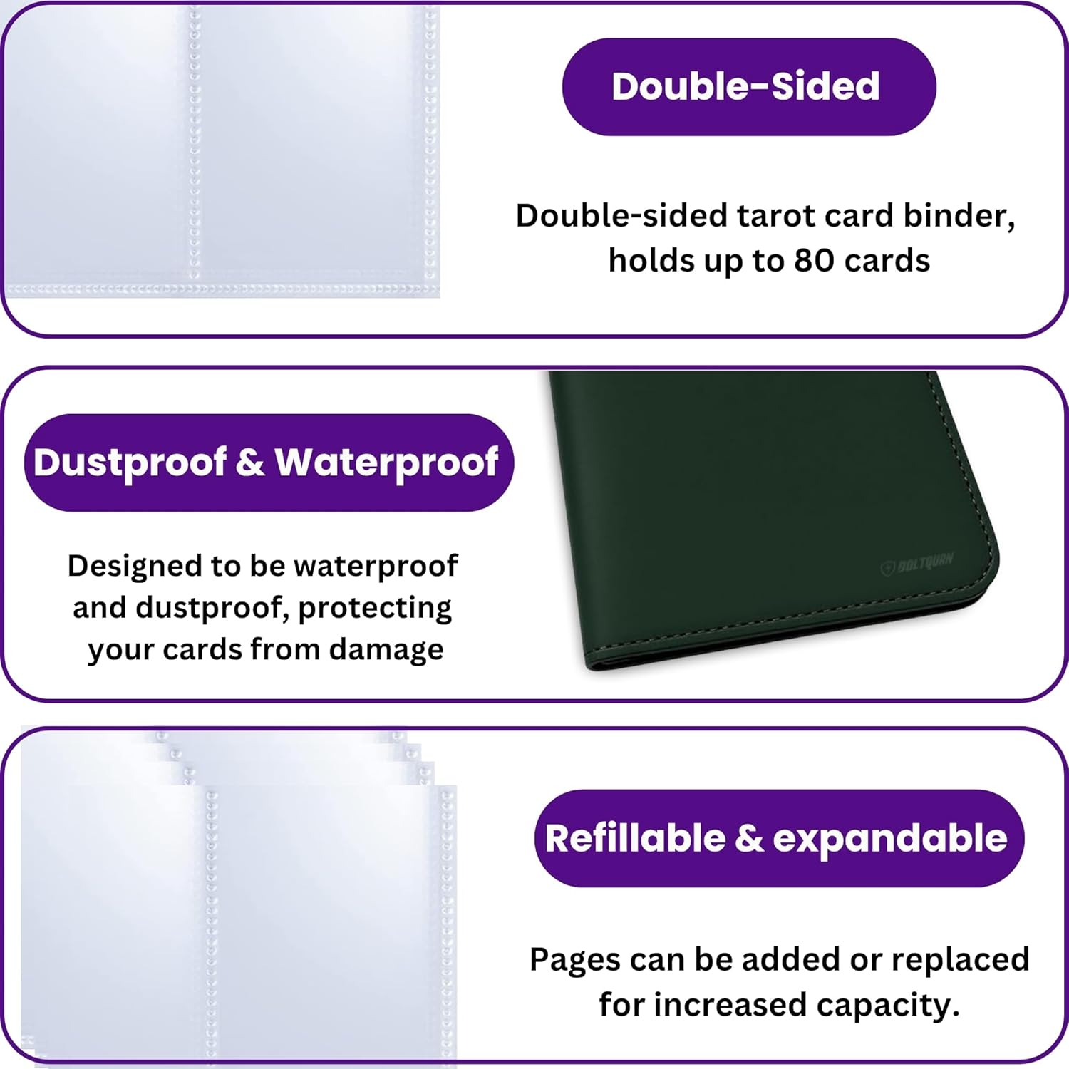 Tarot Card Binder PU Leather &ndash; Holds 80 Cards, Zippered Storage Case for Tarot & Oracle Cards &ndash; Portable Album with Expandable Sleeves, Double-Sided Sheets (Green) - Purple image number 4