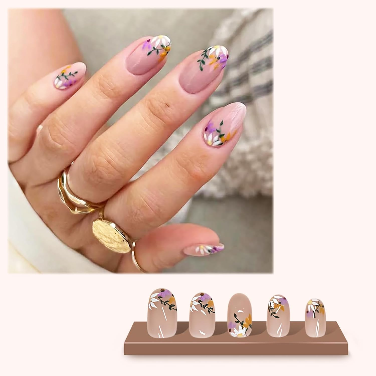 24-Set Press on Nails Almond Medium French Tip Acrylic Fake Nails with Delicate Floral Designs Full Cover Reusable Almond False Nails Set, Nails Stick for Women image number 1