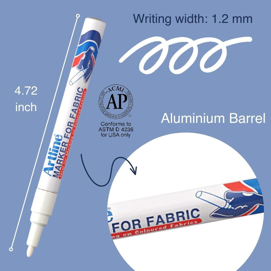 Artline Fabric Markers Permanent for Clothes, High Density Instant Dry Ink for Bright Clothing & Labels, Fabric Marker with 1.2 Mm Fine Tip, White, Pack of 12