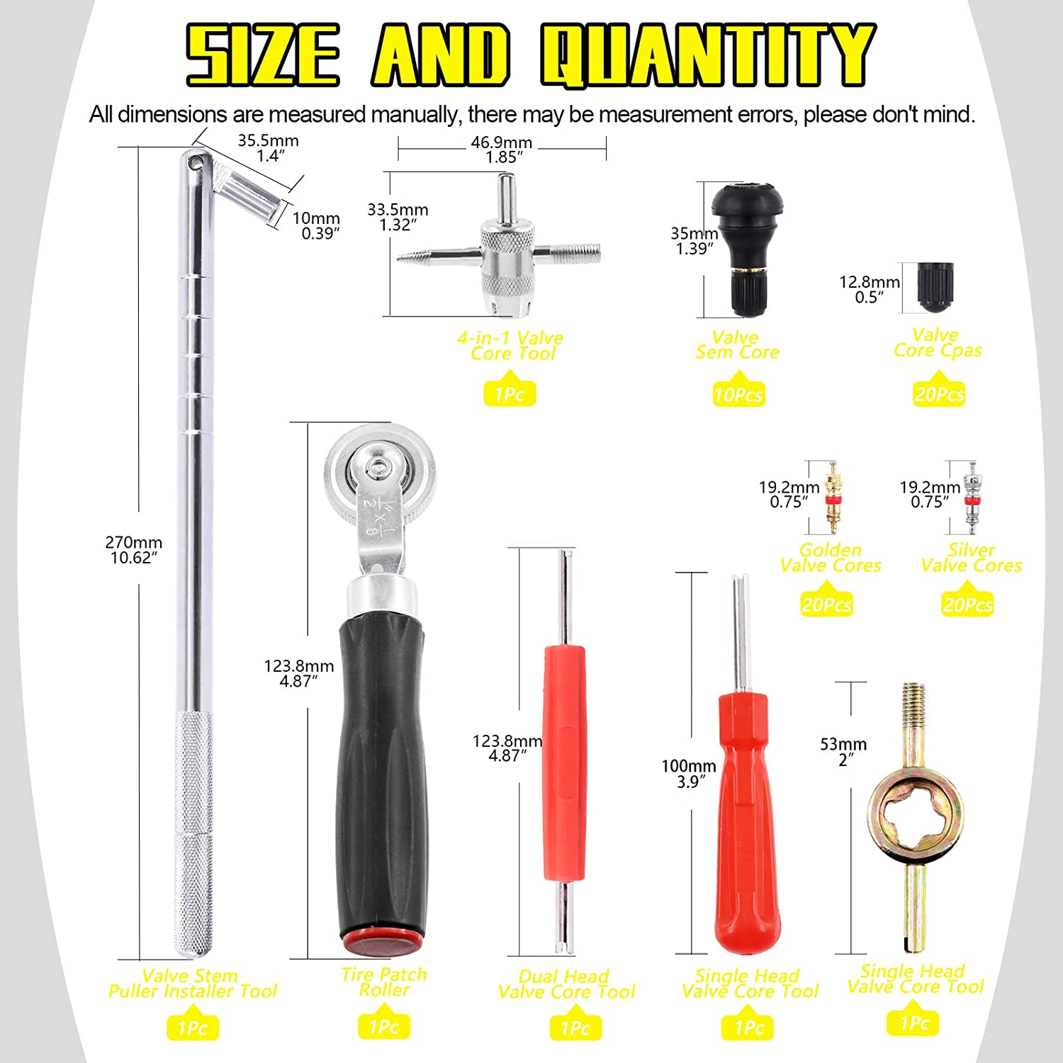 76 Pcs Tyre Valve Stem Puller Tools Set Includes TR412 Snap-In Valve Stems & Caps with Pure Copper Valve Stem Cores, Tire Patch Roller, 4 Way Valve Tool and Dual Single Head Remover image number 3