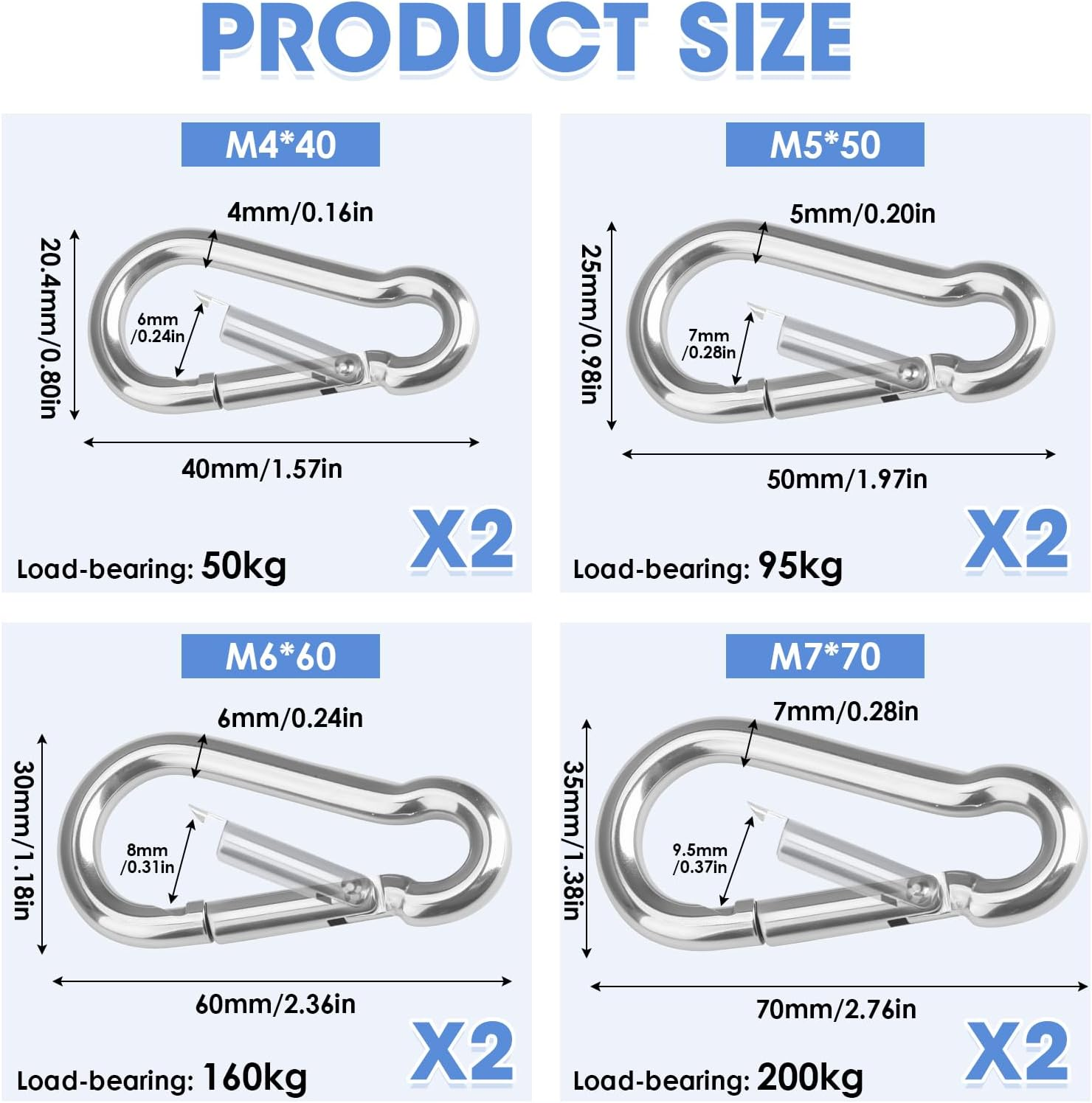 8 Pcs Heavy Duty Small Carabiner Clip, Durable Mountain Climbing Buckle for Gym Outdoor Camping Swing Pet Leashes Keychains Hiking, 4 Size M4/5/6/7 Locking Carabiner (Sliver) image number 6