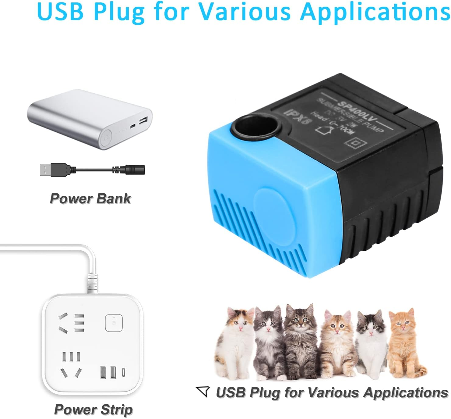 Carcent SP-400LV Cat Water Fountain Pump, Cat Fountain USB Replacement Pump with Adapter Compatible with Ceramic, Butterfly, Seaside, Stainless Steel, 360 Plastic Pet Water Fountain