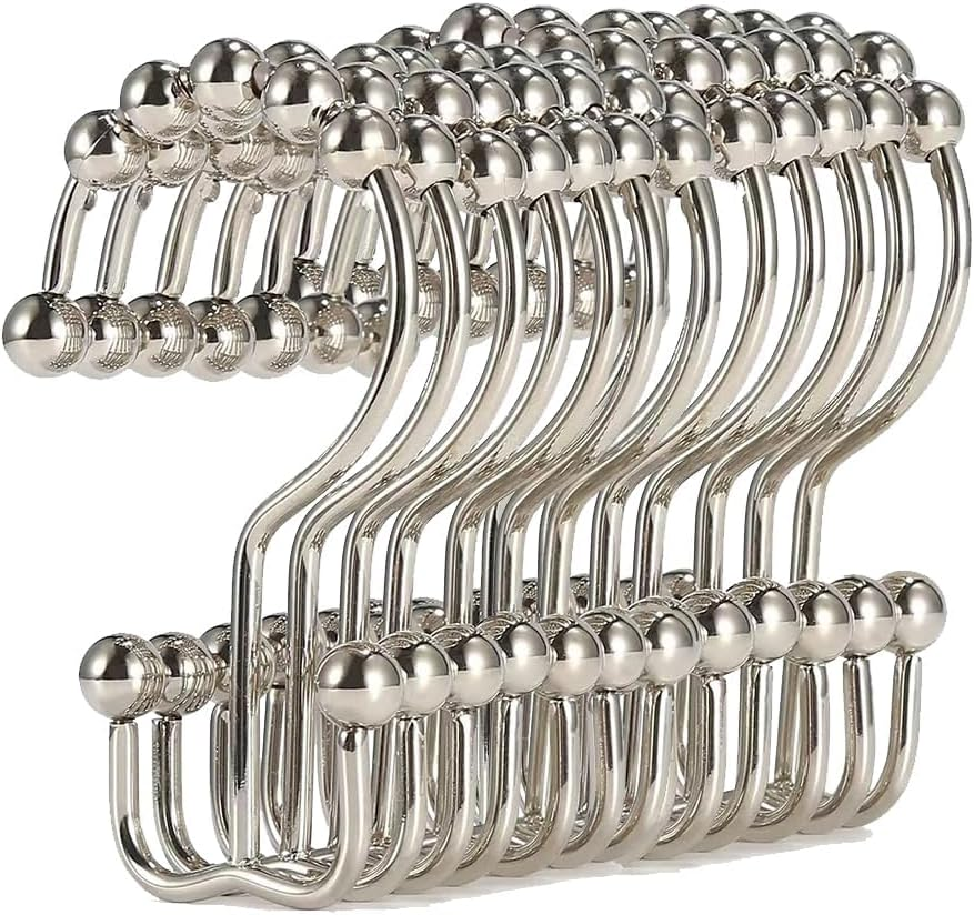 12Pcs Shower Curtain Hooks Rings Rustproof Stainless Steel Double-Hook Rollerball Shower Hooks Rings for Shower Rods