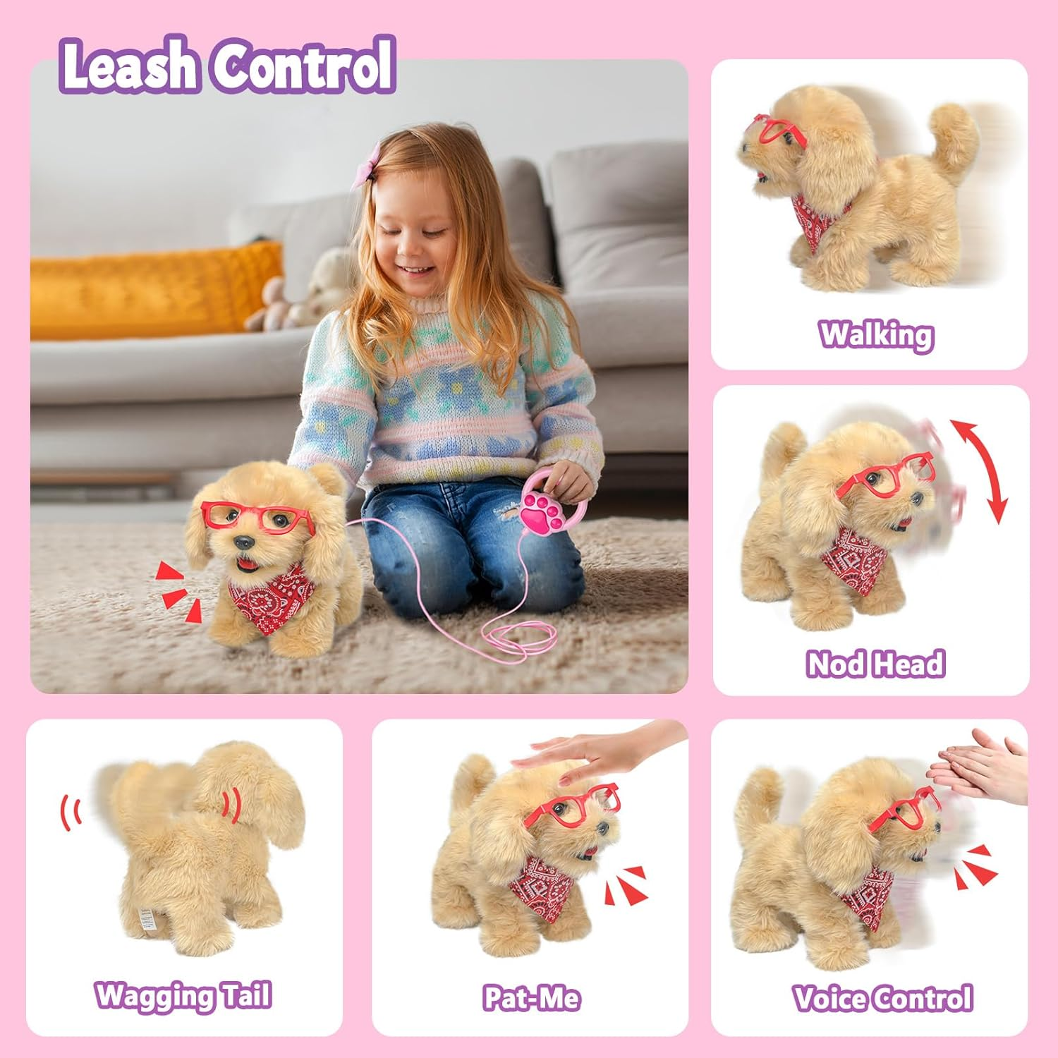 YH YUHUNG Dog Toys for Kids, Interactive Puppy Dog with Lead That Walks and Barks, Realistic Electronic Plush Robot Dog, Grooming Kit, Educational Toy from 3 Years image number 2