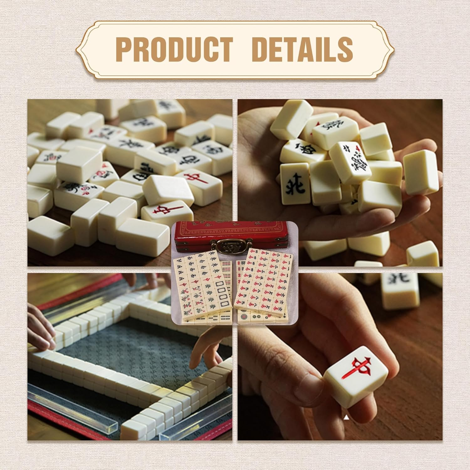 Classic Chinese Mahjong Game Set, 144 Mahjong Tiles and 2 Dice, with a Vintage and Exquisite Wooden Box, Clear Text, Suitable for Family Gatherings and Friends Gatherings