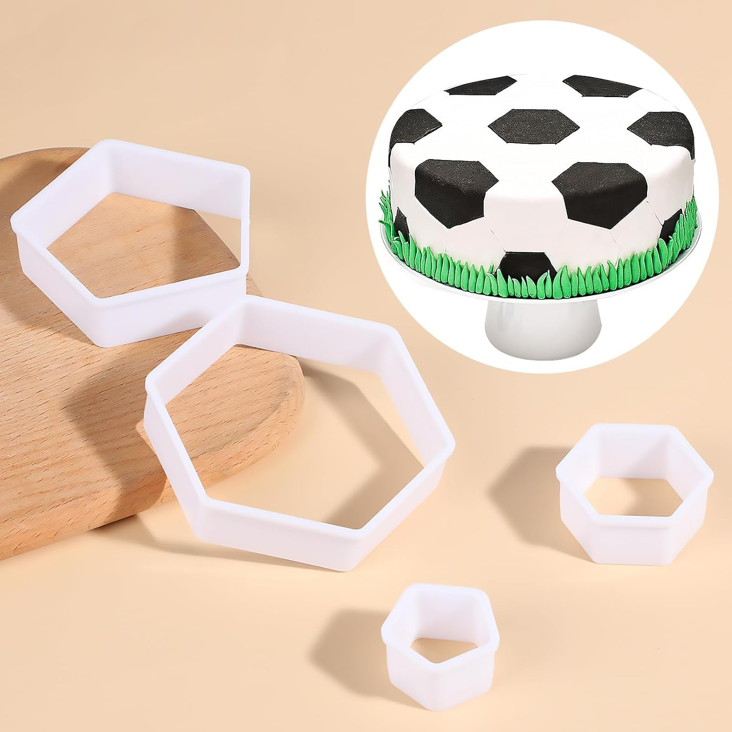 4 Pcs Soccer Ball Cookie Cutter,Hexagon Cookie Cutter,Football Cake Fondant Cutter Funny Biscuit Cutters,Multi Size Football Soccer Pattern Cutters Mould for Baking Cake Decorations image number 3