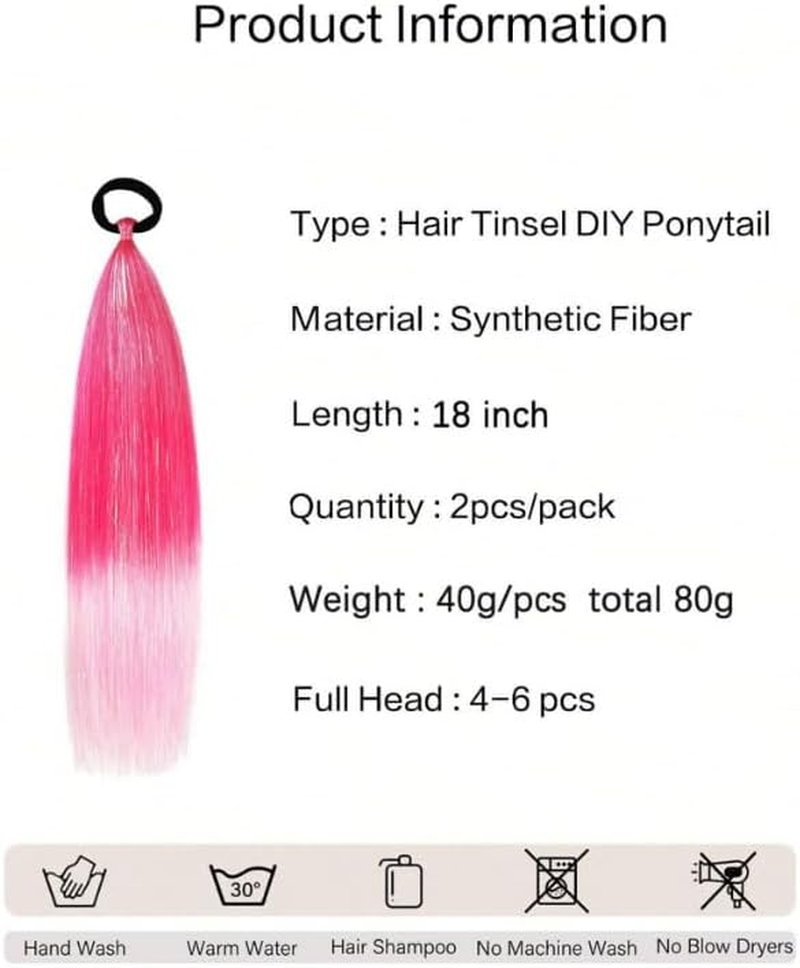 Ponytail Extensions, Glitter Festival Hair, Extensions 18 Inch, Pink Ombre, 2 Pack image number 3