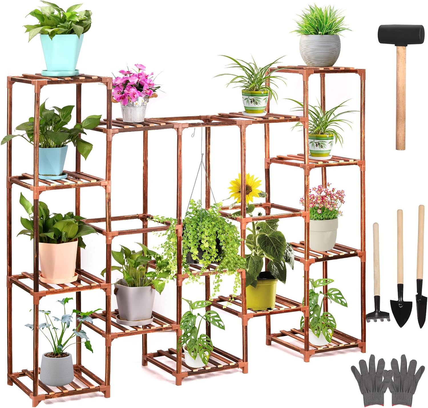 Mardatt Plant Stand Outdoor Indoor Tall Plant, 14 Pots Ladder Plant Holder Wood Shelf Outdoor Hanging Plant Stand Large Garden Display Shelves Holder for Multiple Plants Balcony Garden(14Potted) image number 6