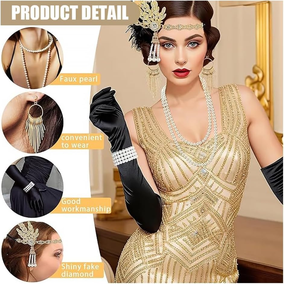 1920S Great Gatsby Accessories Set,Costume Accessories,Includes Headband, Necklace, Gloves, Earrings, Bracelet, Holder image number 3
