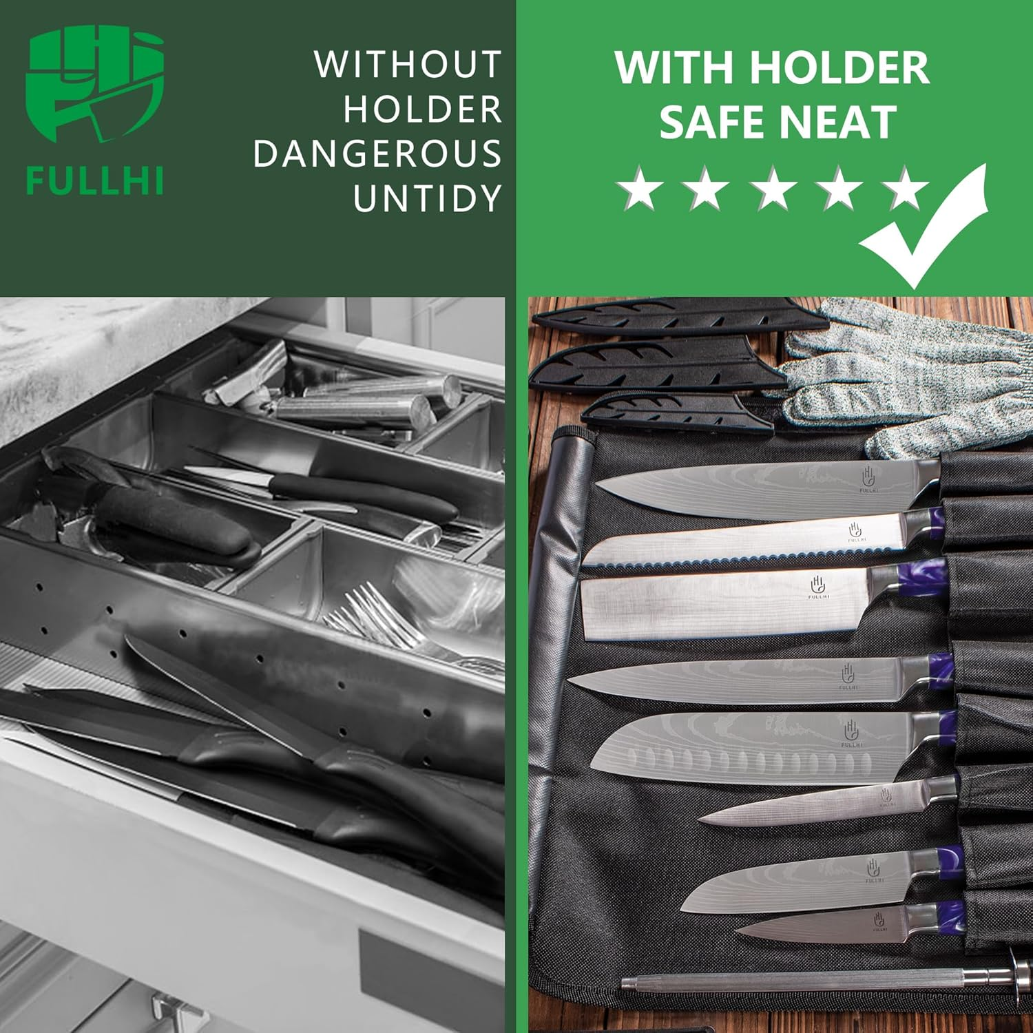 FULLHI 15Pcs Japanese Knife Set with Magnetic Knife Block Holder, Japan Stainless Steel Blades, Purple Resin Ergonomic Handles for Professional and Home Cooking&hellip; image number 2