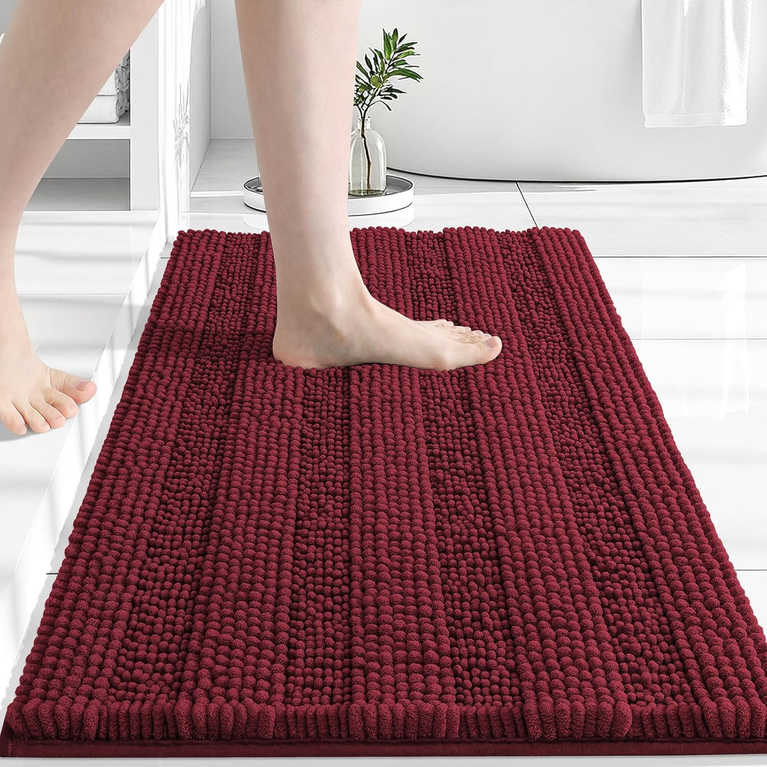 Grandaily Chenille Striped Bathroom Rug Mat, Extra Thick and Absorbent Bath Rugs, Non-Slip Soft Plush Shaggy Bath Carpet, Machine Wash Dry, Bath Mats for Tub, Shower and Bath Room, 16X24, Burgundy image number 3