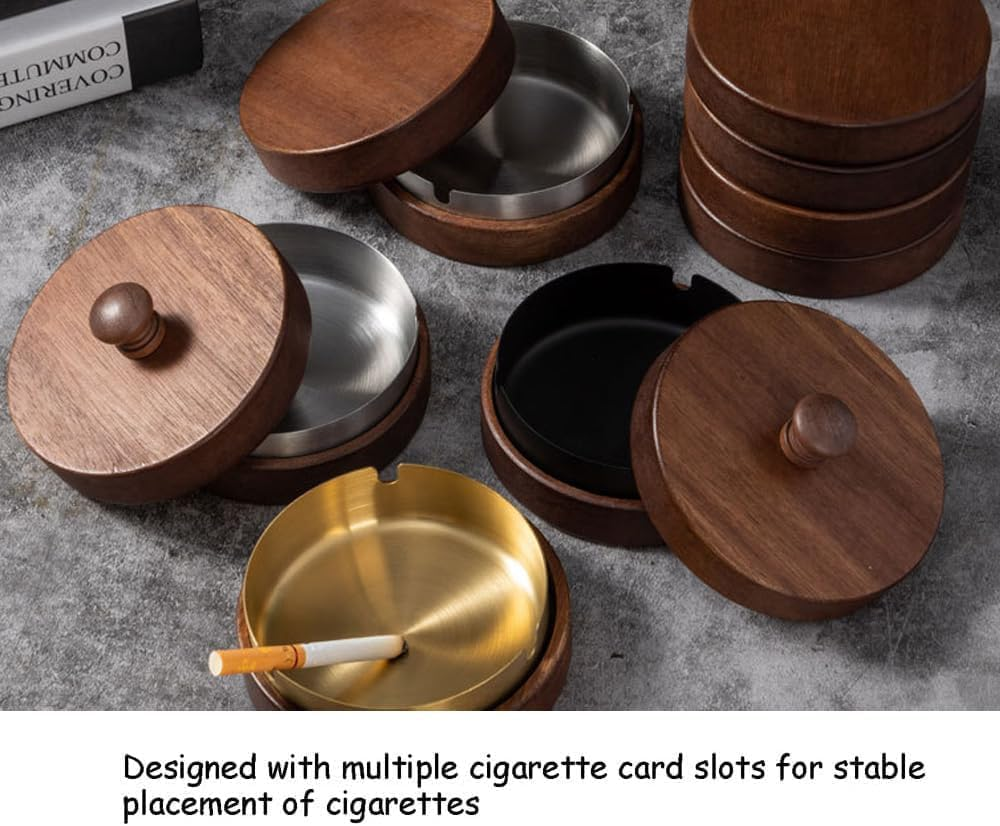 LMSNE Wooden Ashtray with Lid, Portable Ashtrays, Stainless Steel Liner Ash Tray for Indoor Outdoor Parties Balcony Office Home