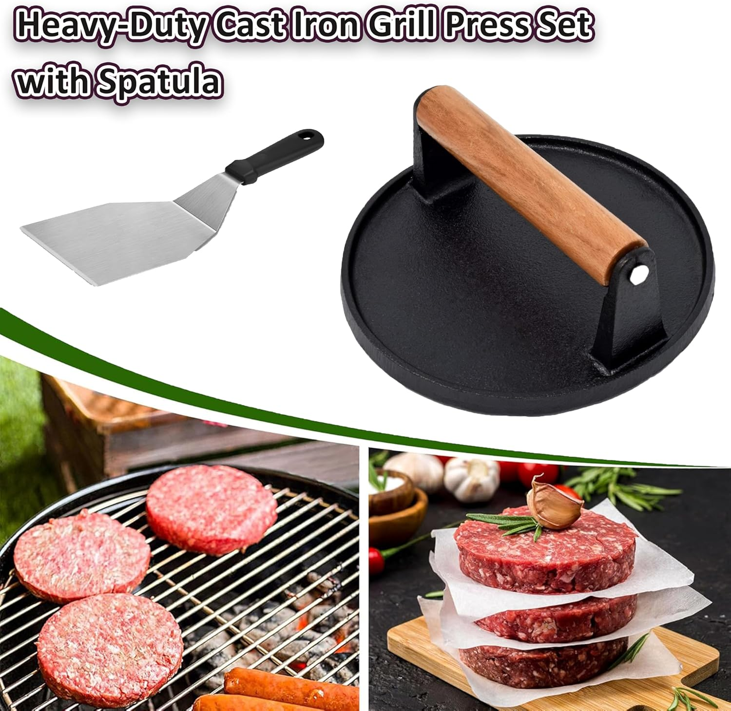 Ultimate Smash Burger Press Kit &ndash; Heavy Duty Cast Iron Press, Spatula, Seasoning Shaker & 100 Patty Papers &ndash; Grill like a Pro on Flat Top or Outdoor BBQ