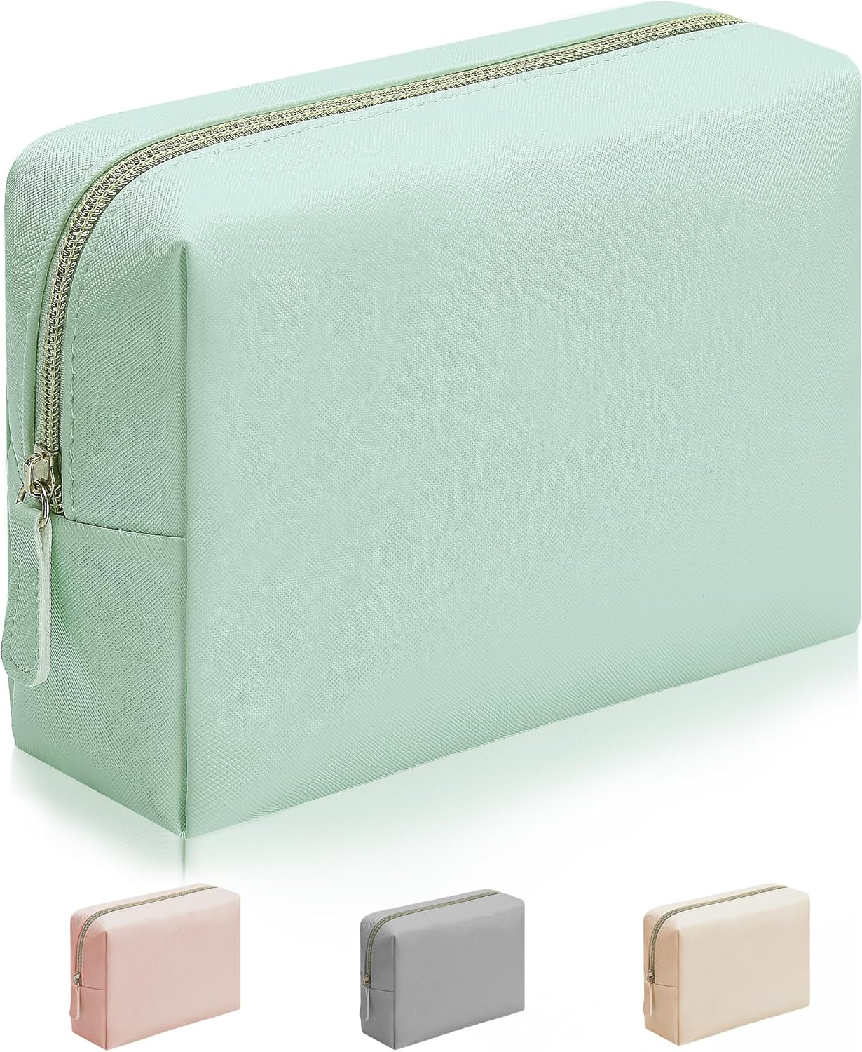 Makeup Bag Cosmetic for Women, Small Purse Pouch Waterproof PU Leather Portable Versatile Fashion Zipper, Green