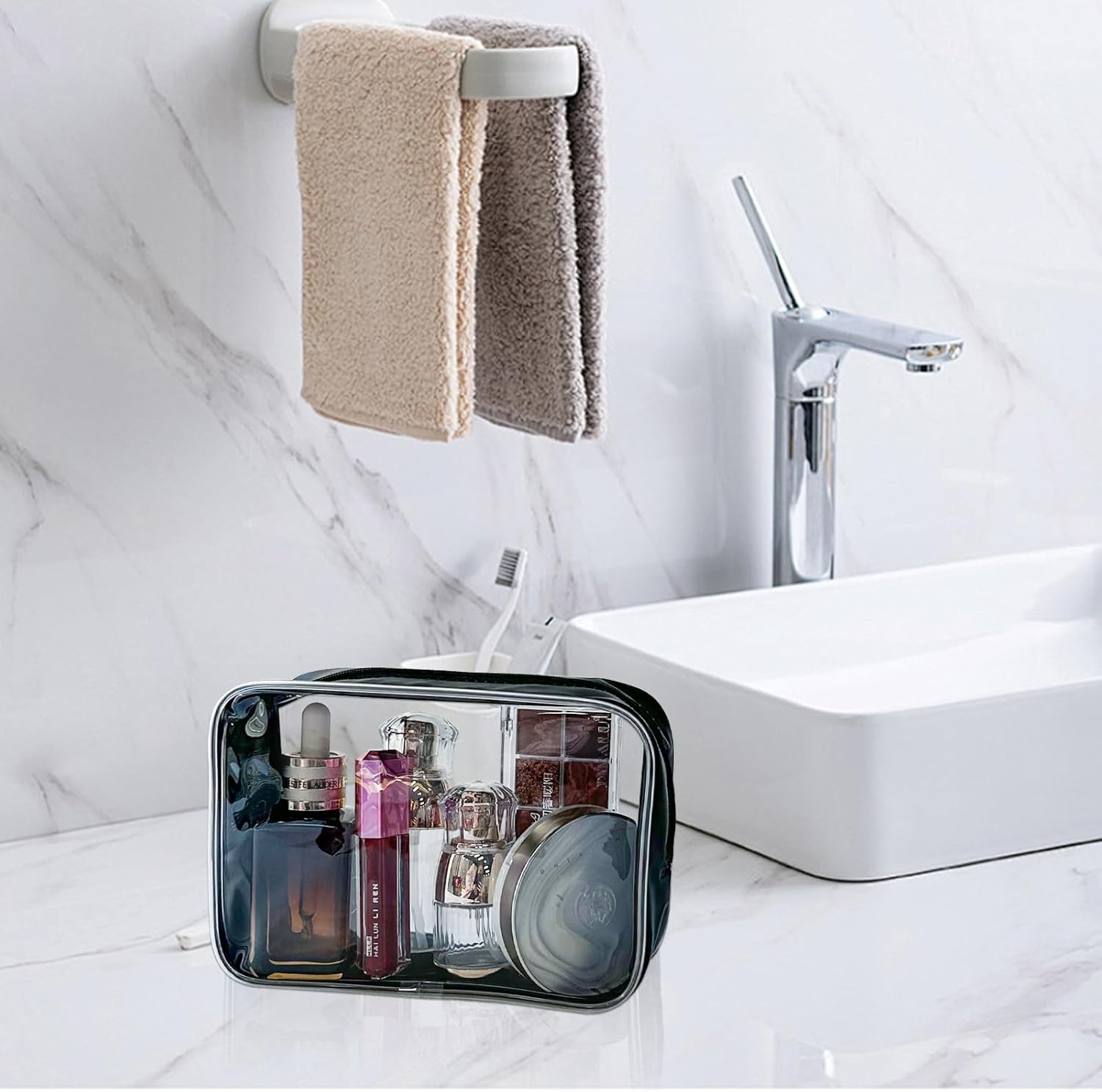 Toteprint Waterproof Cosmetic Bag with Zip Transparent with Coloured Frame Travel (18 X 12 X 6 Cm) - for Men and Women, Green, Modern image number 3