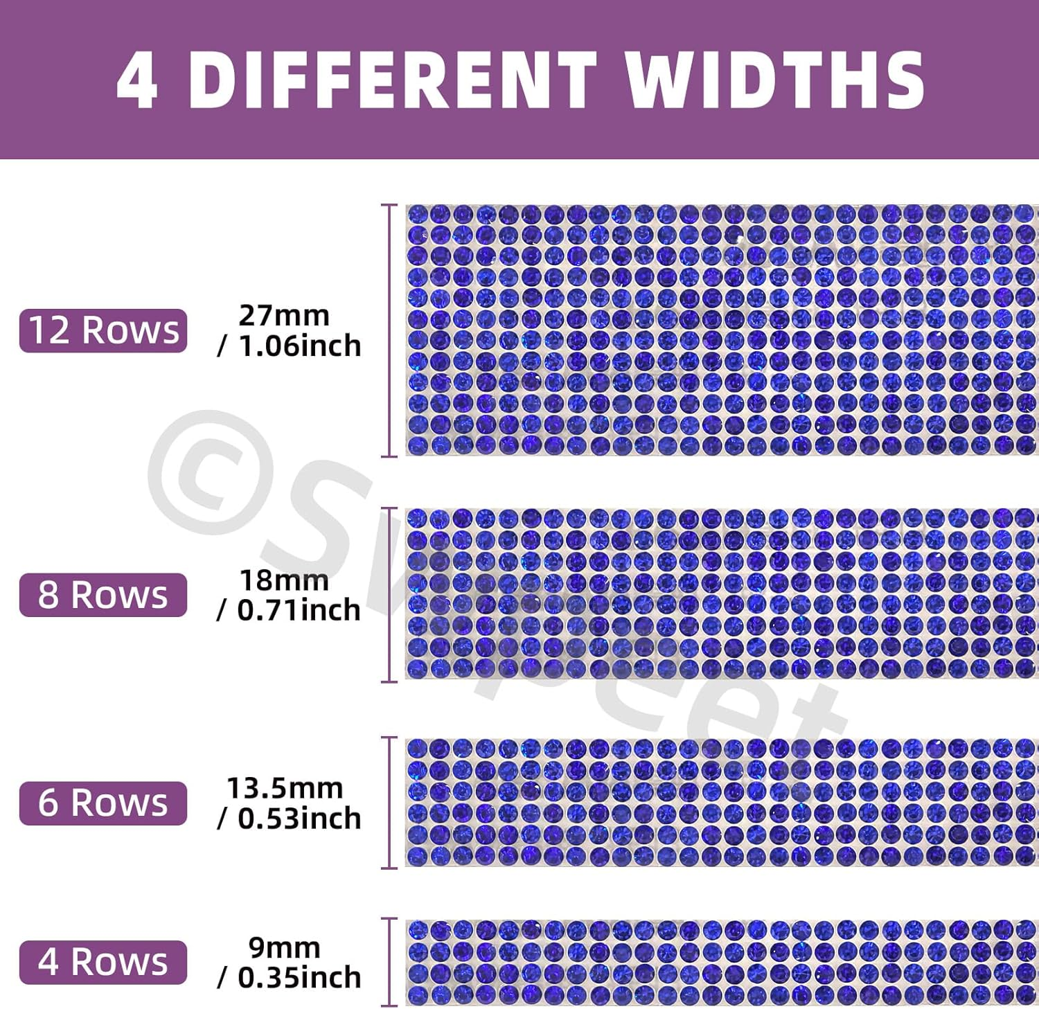 Swpeet 4 Rolls 4 Sizes Royal Blue Self Adhesive Rhinestone Ribbons Strips, Bling Crystal Rhinestone Diamond Ribbons Stickers, Rhinestone Tape Wrap, Diamond Rhinestone Roll for Crafts Phone Decoration - Blue image number 4