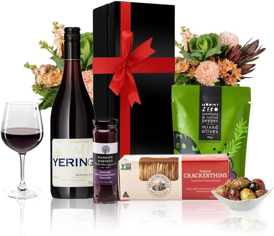 Luxury Yering Pinot Noir 750Ml & Gourmet Red Wine Hamper - Little Yering Pinot Noir, Mount Zero Mixed Olives, Valley Produce Wafer Crackers, Random Harvest Roasted Garlic Tapenade | Premium Red Wine Gift Basket Perfect for Celebrations and Wine Lovers