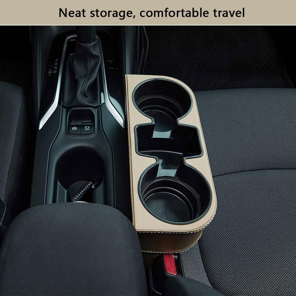 Car Seat Gap Organizer with Cup Holder &ndash; PU Leather Front Seat Side Pocket Storage Box with Phone Slot, Coin Holder and Console Gap Filler &ndash; Beige Car Interior Organizer