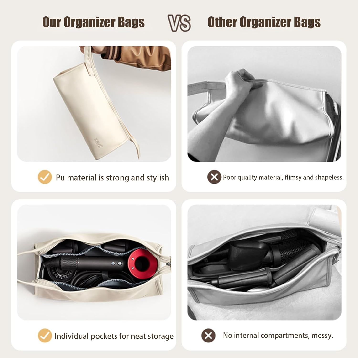 Veki PU Leather Travel Case for Airwrap Styler, Portable Travel Storage Bag for Shark Flexstyle Air Styling & Drying System, Waterproof Carrying Case Organizer Airwrap Styler and Attachments, Beige, - Black image number 4