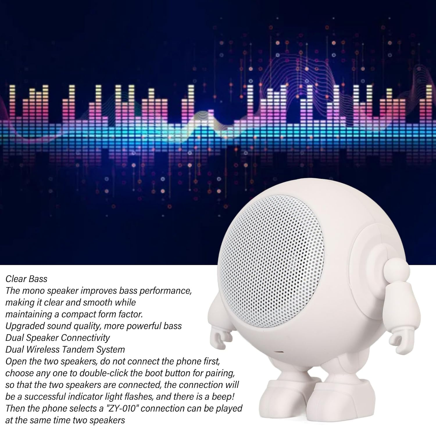 Robot Speaker, 1000Mah Clear Bass USB C Compact Speaker BT 5.0 Built in Mic for Home (White)