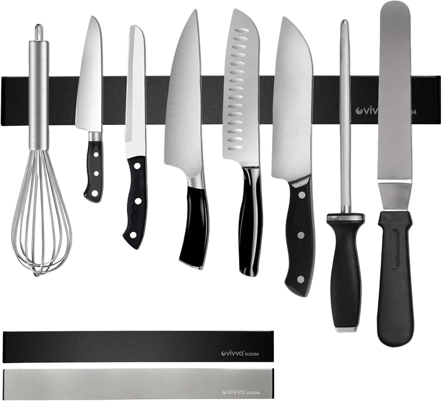 Vivva Modern Stainless Steel Magnetic Knife Bar with Multipurpose Use as Knife Holder, Knife Rack, Kitchen Utensil Holder, Tool Holder, Art Supply Organizer, Home Organizer Black 16Inch
