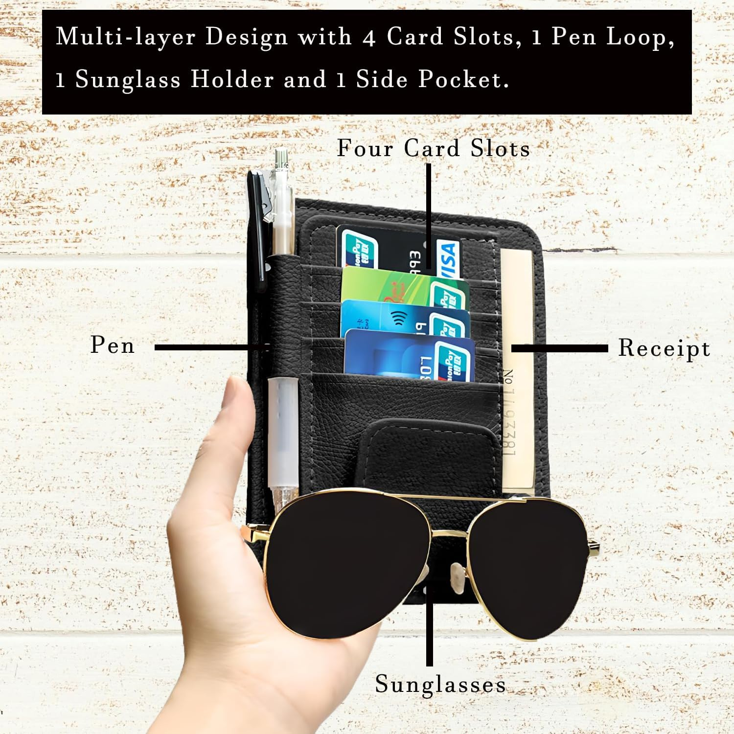 2 Pcs Car Sun Visor Organizer Premium Leather Sunglasses Holder Multi Functional Car Interior Accessories Storage Bag Visor Pouch for Cars Trucks Card Document Holder Driving License (Black)