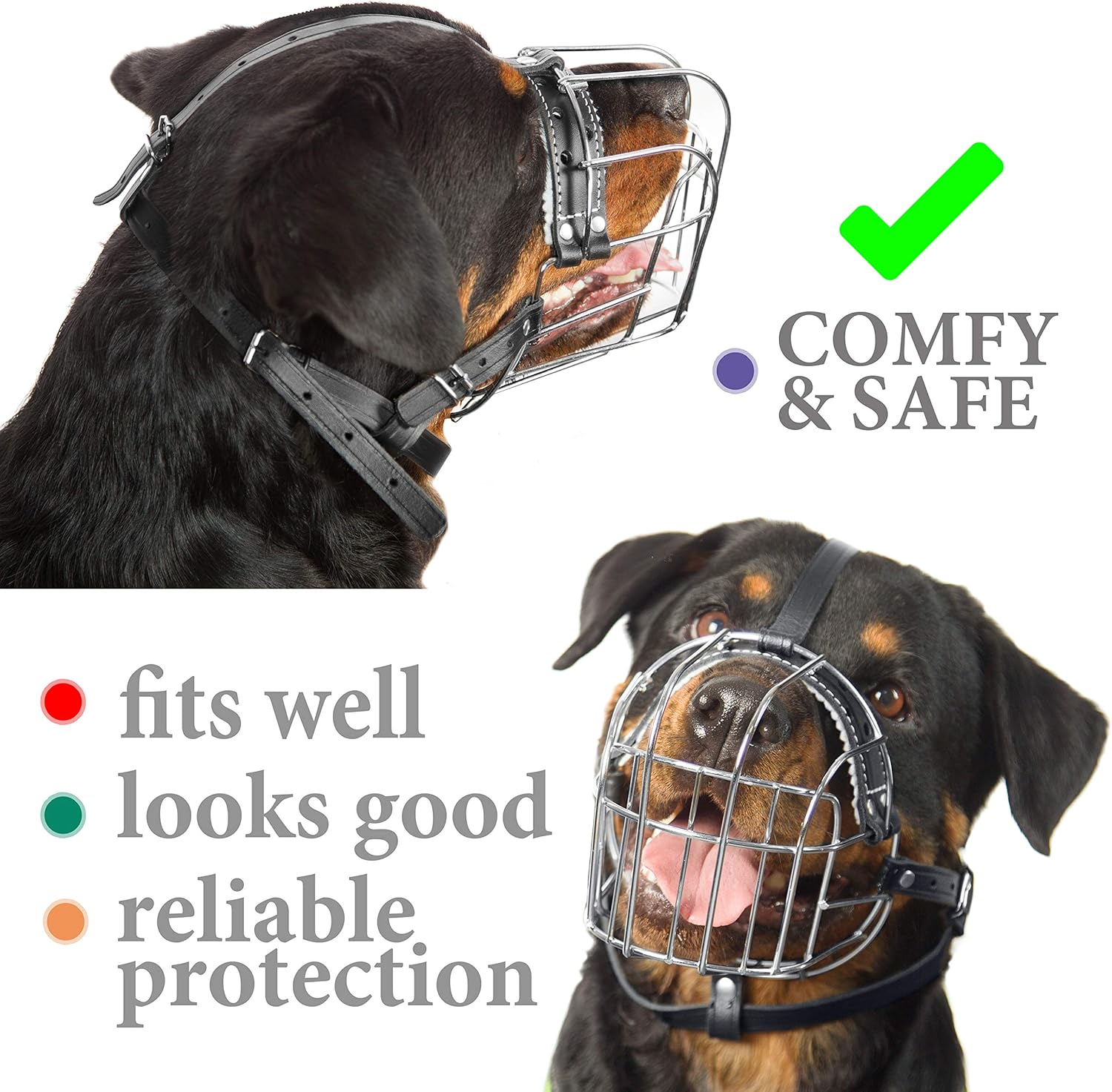 Petristor Metal Muzzles for Dog Rottweiler № 2 Wire Basket Adjustable Leather Straps Leather Adjustable the Circumference Is 10.2-14.5 in Length 2.7 3.5 image number 3