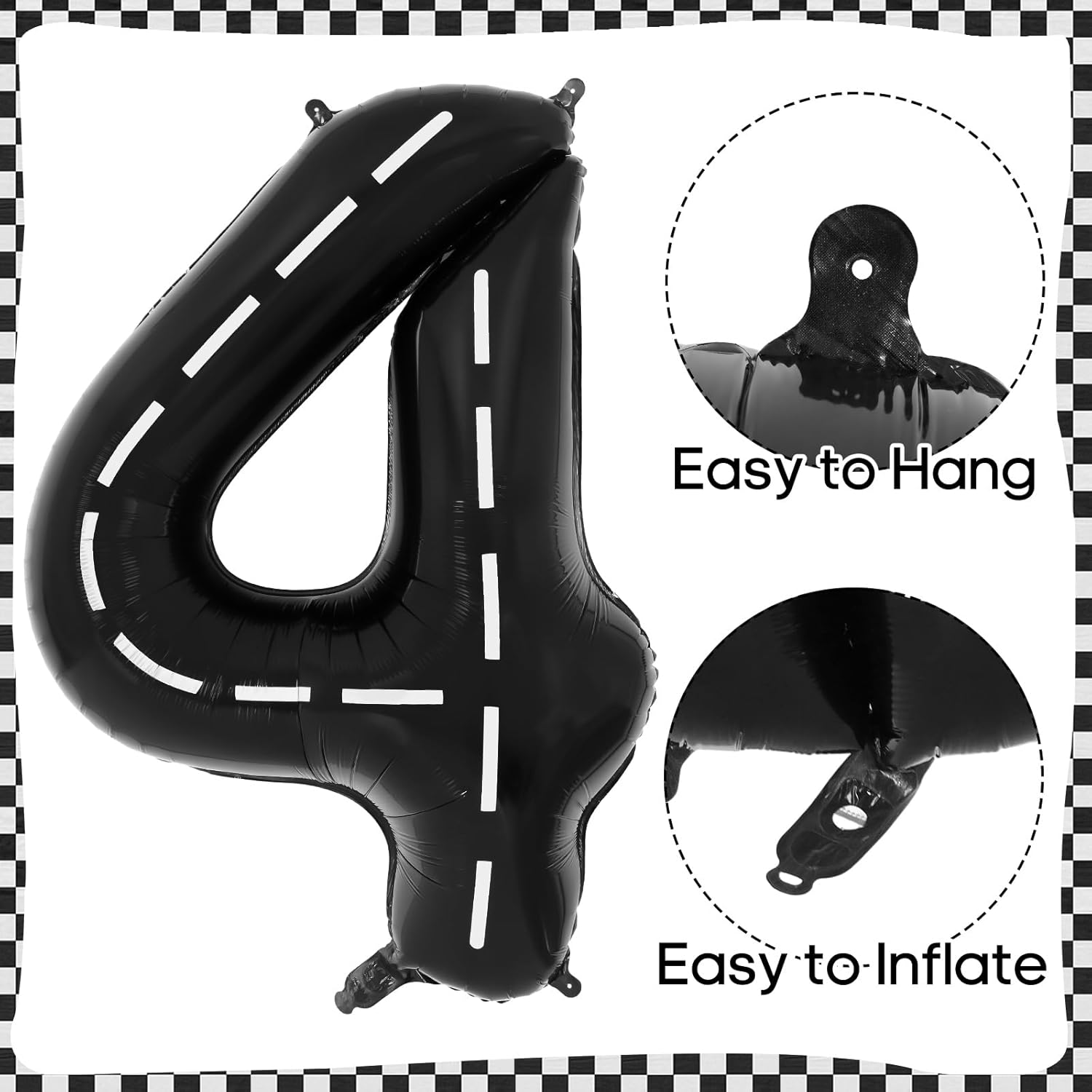 Race Car Birthday Balloons, Racetrack Number 4 Balloon, 40 Inch Large Foil Black 4 Balloon for 4 Year Old Birthday Race Car Themed Party Decoration image number 4