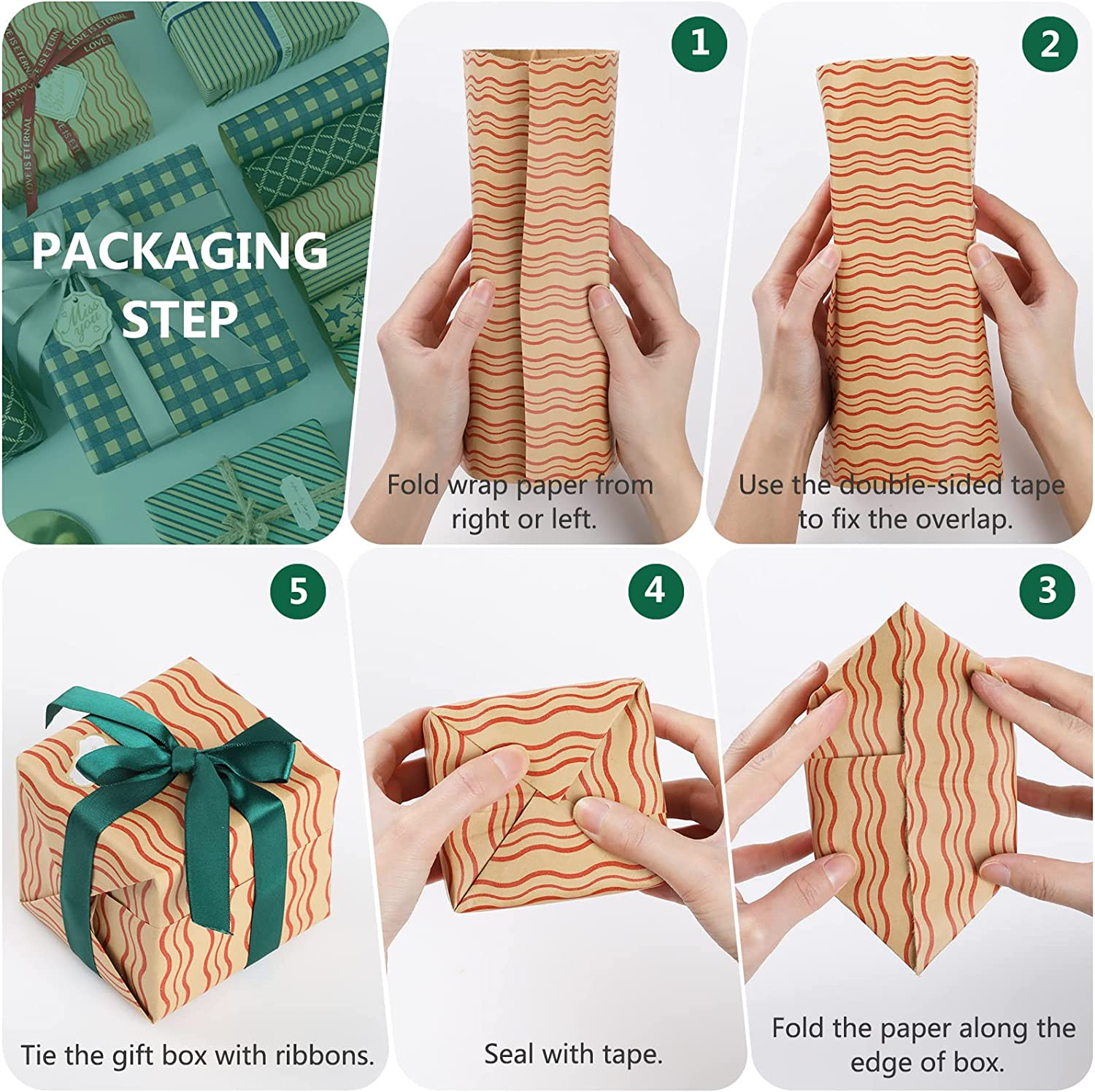 Hianjoo 6 Sheets Gift Wrapping Paper, 70&lowast;50Cm Gift Wrapping Papers Craft with 1 Sheets Gift Stickers 1 Double-Side Tape and 4 Ribbons for Decoration Party DIY Craft (70 * 50Cm), Plaid - C image number 4