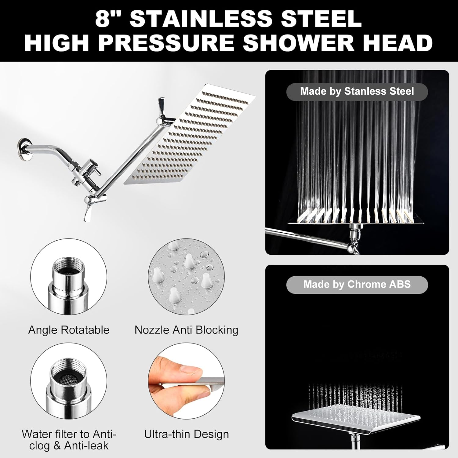 Liwcho Shower Head, 10 Inch High Pressure Rainfall Shower Head/Handheld Shower Combo with 11 Inch Extension Arm, 9 Settings Adjustable Anti-Leak Shower Head with Holder/Hose, Height/Angle Adjustable