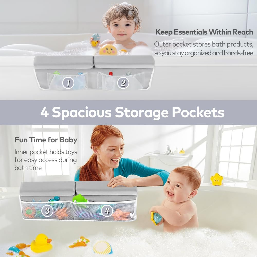 4PCS Baby Bath Kneeler and Elbow Rest Pad Set,1.5'' Bath Kneeler Pads,Elbow Pad with 4 Pockets,Non-Slip Knee & Arm Support Bathtub Mat with a Hook & a Bag(Grey) image number 3