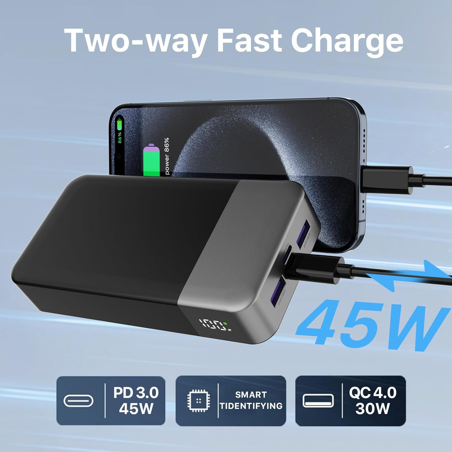 NOBIS Power Bank 45W Portable Charger 20000Mah External Battery Pack USB C Fast Charging, 4 Ports with LED Digital Display, Compatible with Laptop, Phone 15 14 13 Pro S23 S22 (Black) image number 5