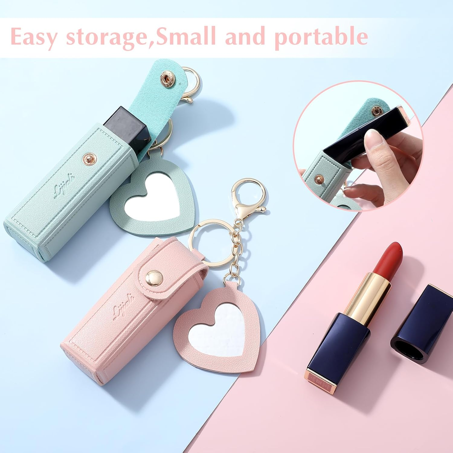 Ouligay 2 Pieces Leather Lipstick Cases Portable Lipstick Keychain Holder Chapstick Holderchapstick Keychain Holder for Women Party,Holiday Gifts(Green,Pink), Green,Pink